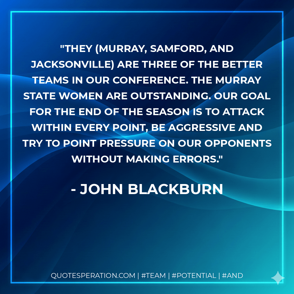 They (Murray, Samford, and Jacksonville) are three of the better teams in our conference. The Murray State women are outstanding. Our goal for the end of the season is to attack within every point, be aggressive and try to point pressure on our opponents without making errors. - John Blackburn