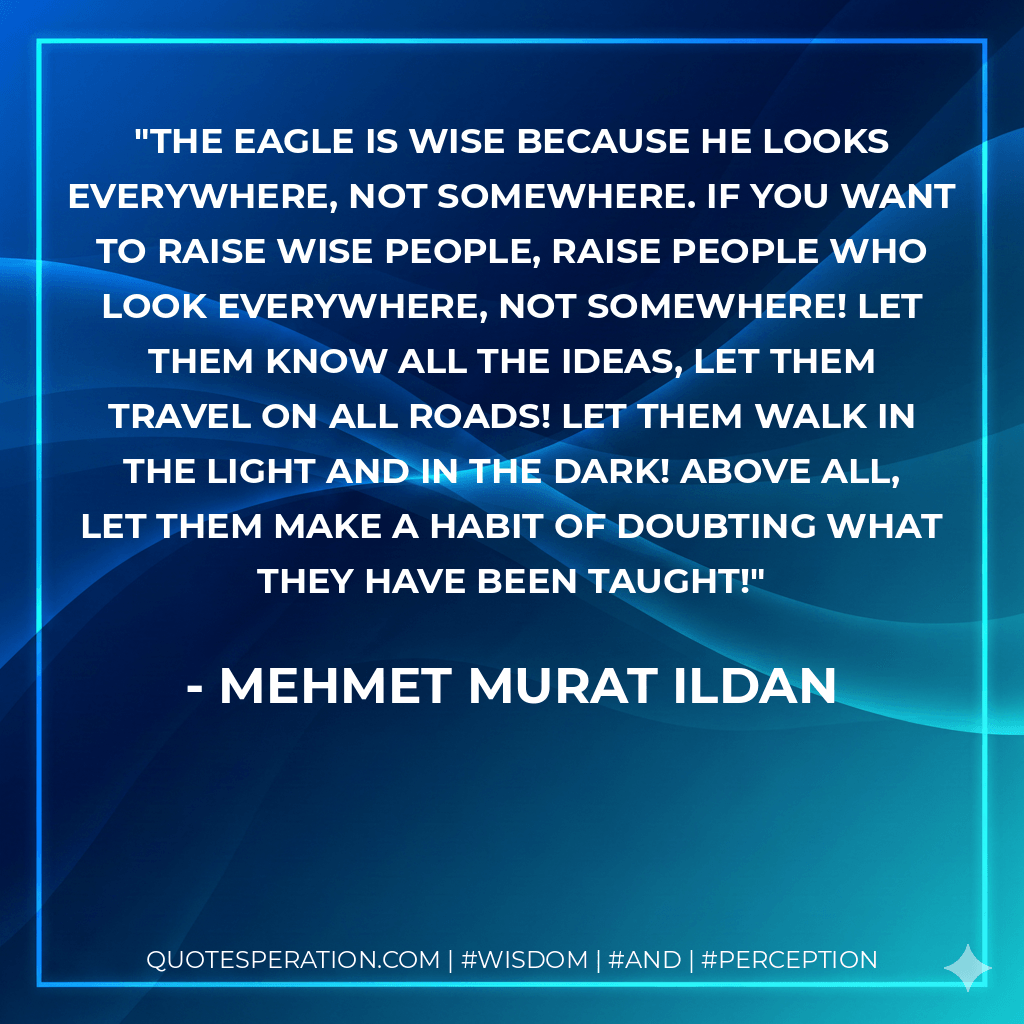 The eagle is wise because he looks everywhere, not somewhere. If you want to raise wise people, raise people who look everywhere, not somewhere! Let them know all the ideas, let them travel on all roads! Let them walk in the light and in the dark! Above all, let them make a habit of doubting what they have been taught! - Mehmet Murat ildan