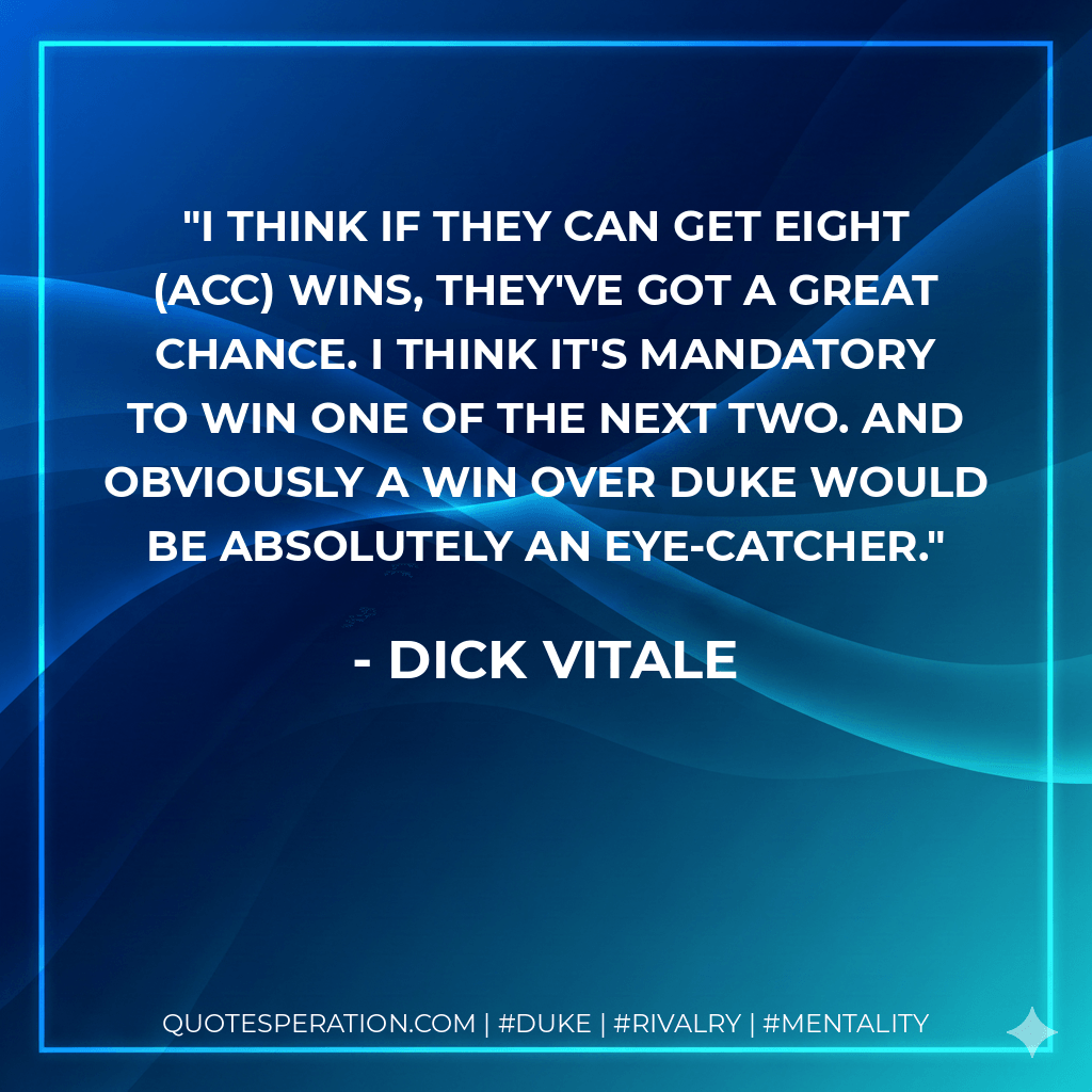 I think if they can get eight (ACC) wins, they've got a great chance. I think it's mandatory to win one of the next two. And obviously a win over Duke would be absolutely an eye-catcher. - Dick Vitale