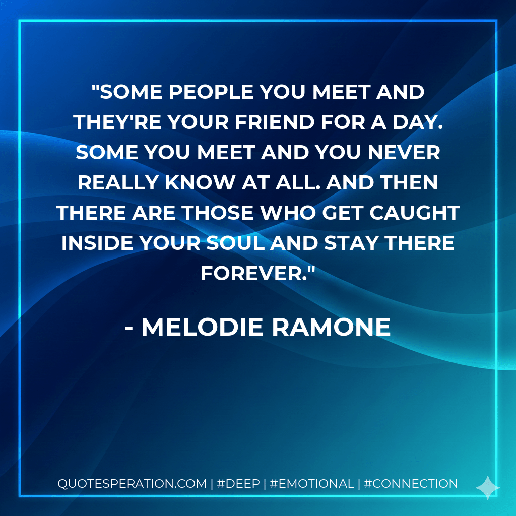 Some people you meet and they're your friend for a day. Some you meet and you never really know at all. And then there are those who get caught inside your soul and stay there forever. - Melodie Ramone