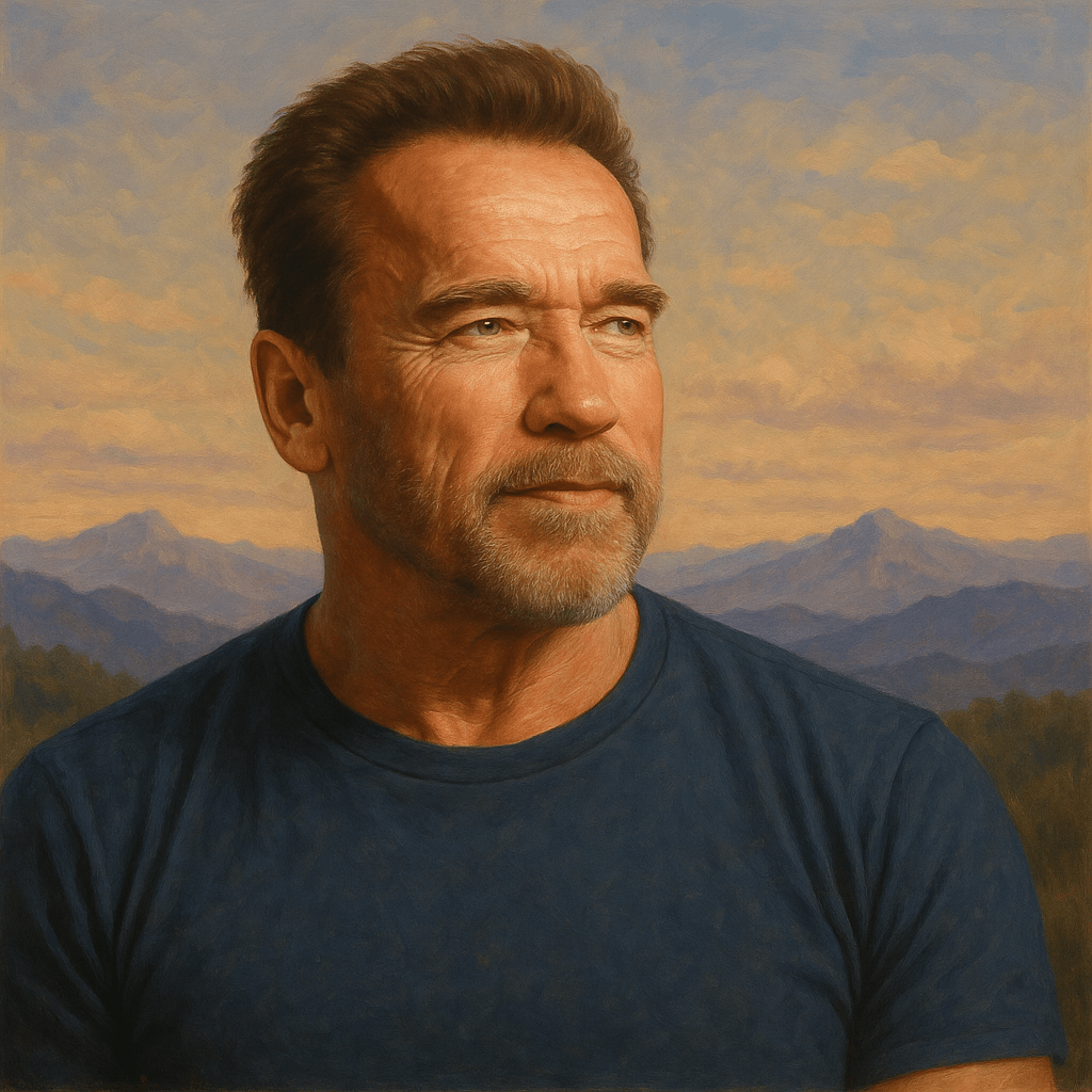 a traditional-style oil or acrylic painting of Arnold Schwarzenegger. It presents him in a thoughtful, contemplative pose, gazing slightly off to the side. His expression is calm and confident, reflecting maturity and introspection. He wears a simple navy blue T-shirt, and his well-defined facial features—such as a strong jawline, furrowed brow, and short-cropped hair—are rendered with realistic texture and shading.