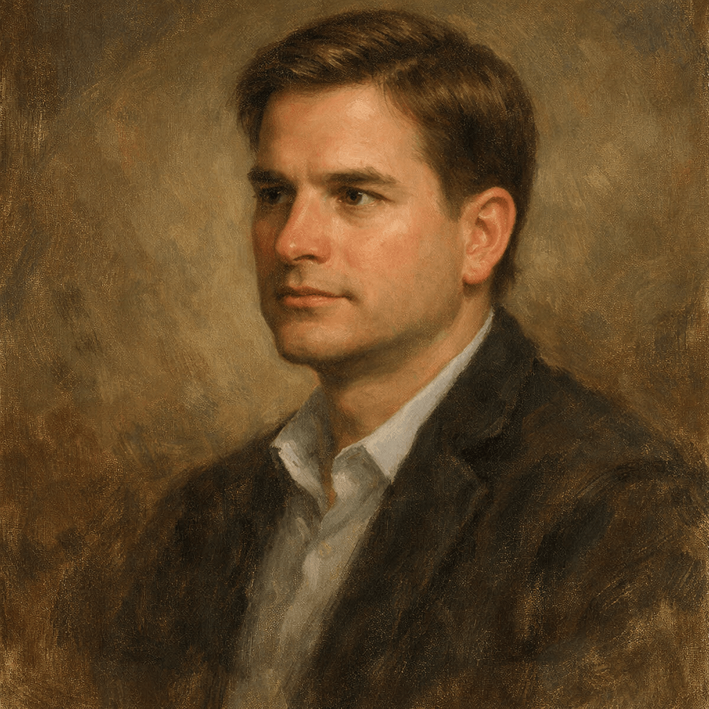 An oil painting of Cal Newport