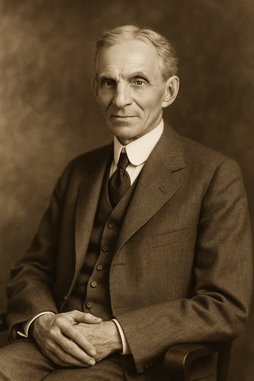 This image is a sepia-toned portrait of Henry Ford, evoking a timeless, vintage aesthetic.