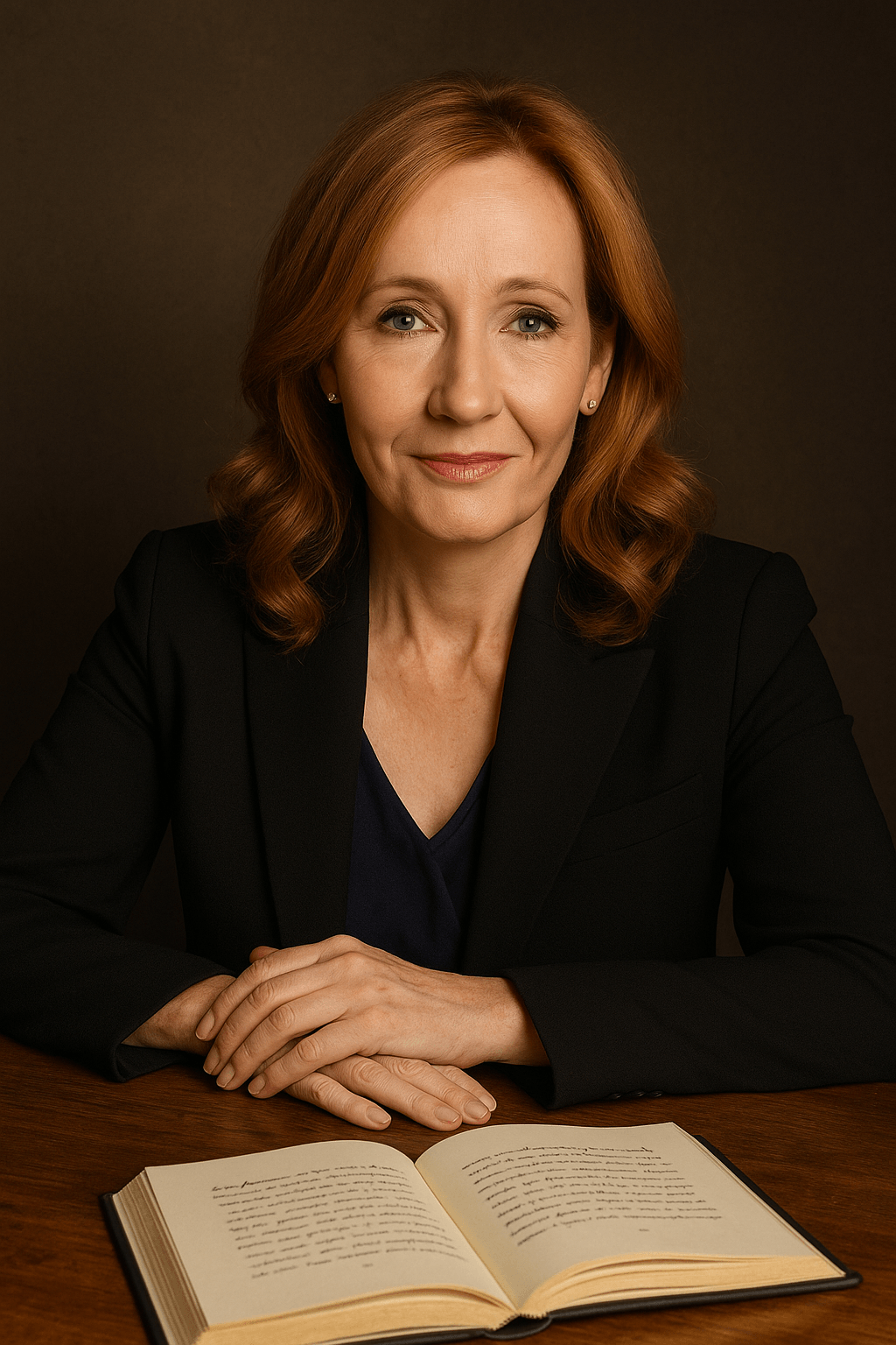 This image is a professional, studio-style portrait of J.K. Rowling, captured in a warm, softly lit setting