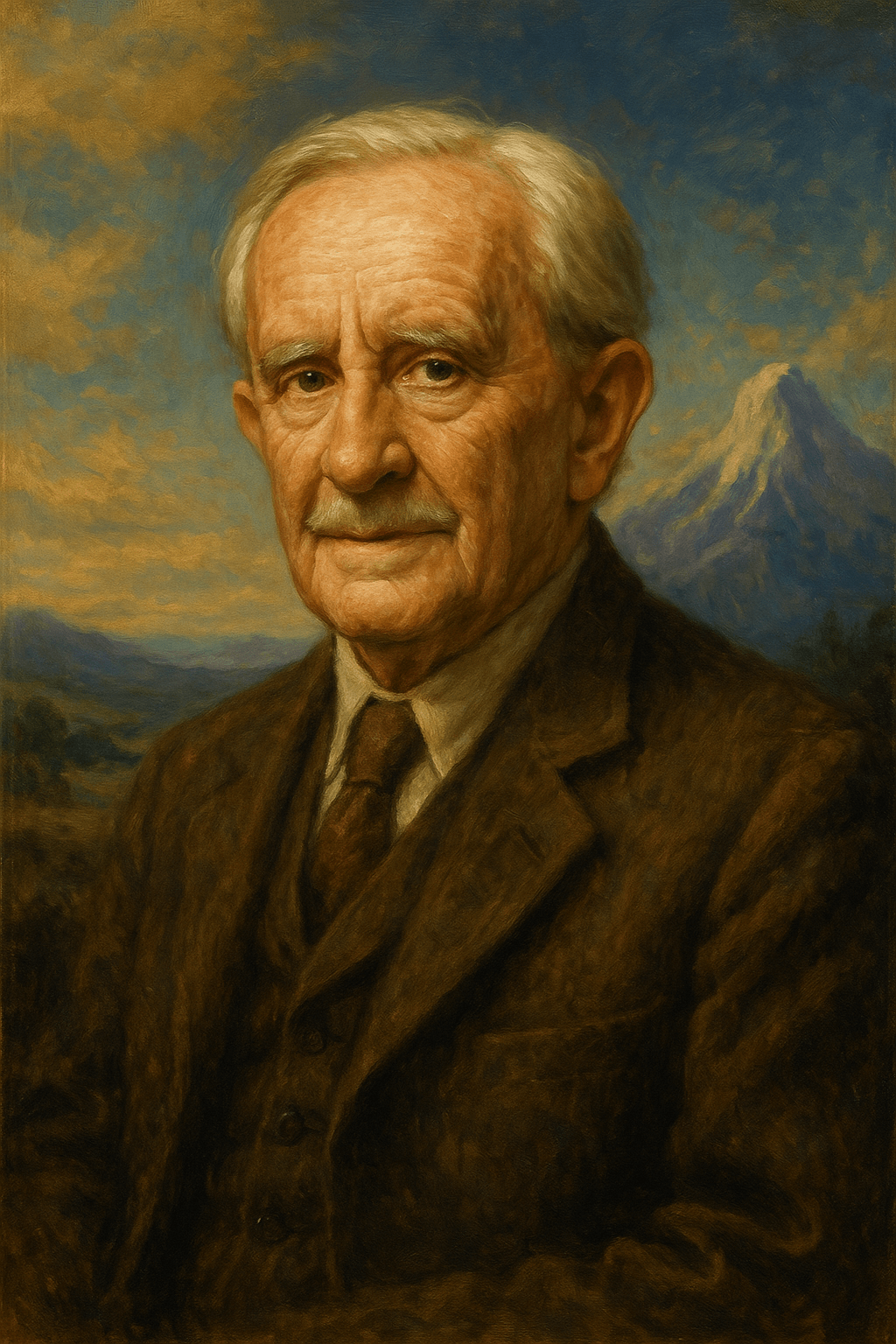 This image is a traditional-style oil or acrylic portrait of J.R.R. Tolkien, the renowned author of The Lord of the Rings and The Hobbit. He is depicted as an elderly man with white hair, a trimmed mustache, and a warm, contemplative expression. His eyes are light blue and convey a sense of deep thought and quiet wisdom.