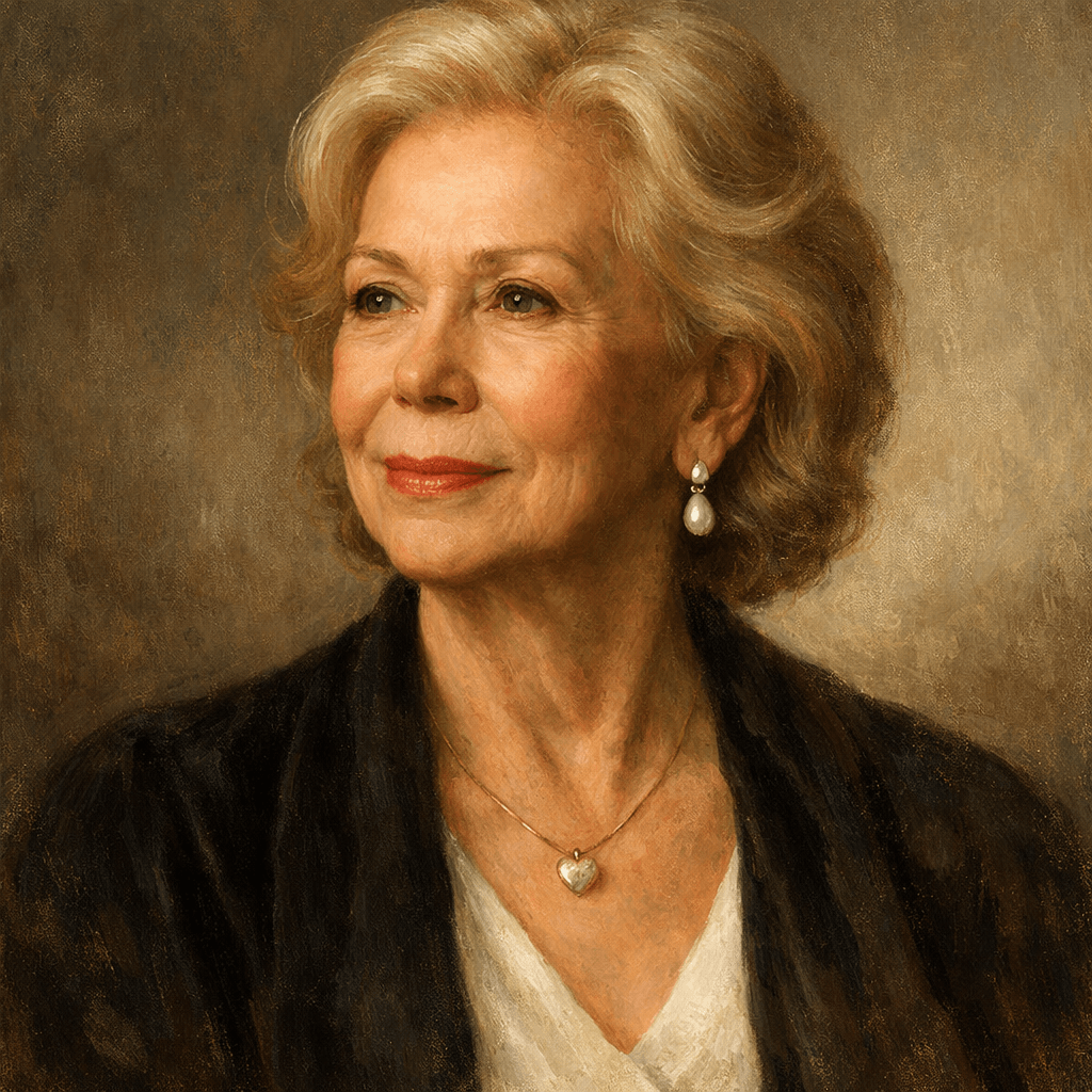 An oil painting of Louise Hay