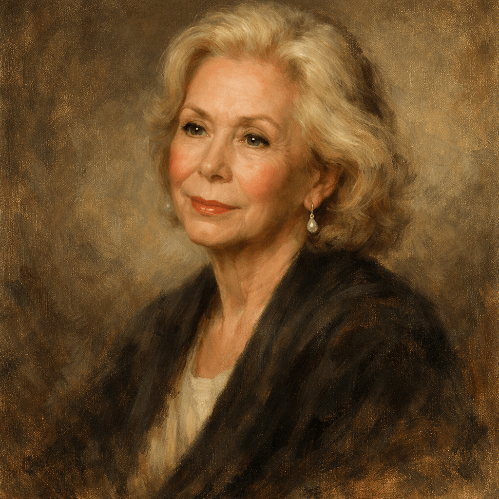 An oil painting of Louise Hay
