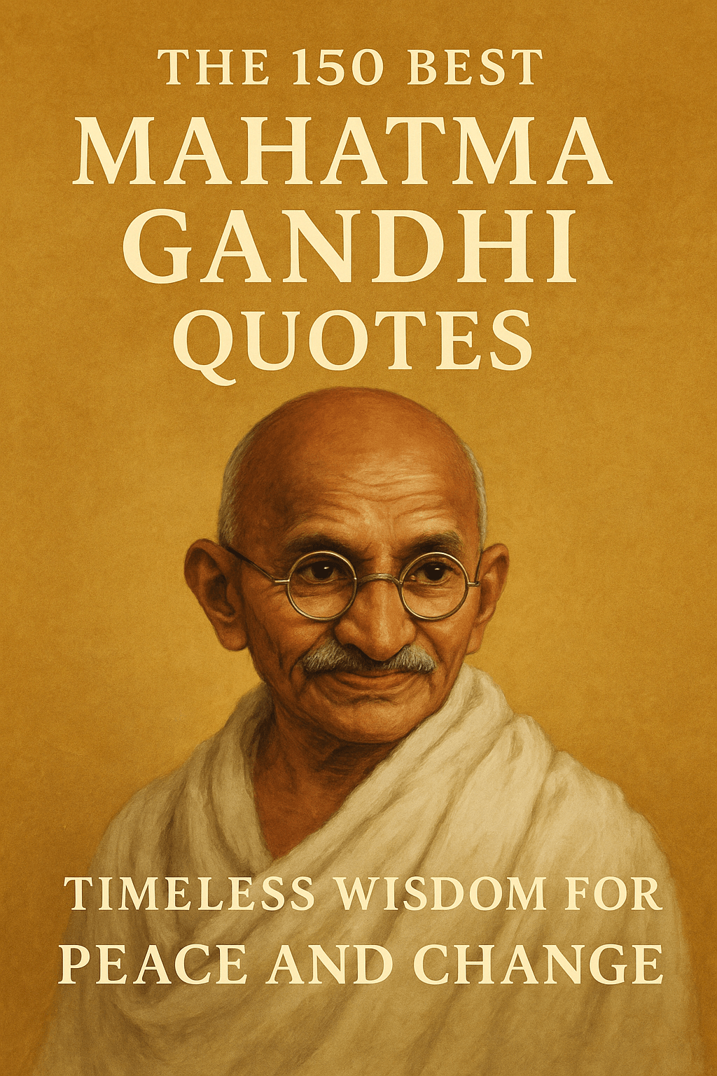 book cover titled “The 150 Best Mahatma Gandhi Quotes: Timeless Wisdom for Peace and Change.” It features a warm, golden-brown background reminiscent of aged parchment, which conveys a sense of timelessness and reverence.