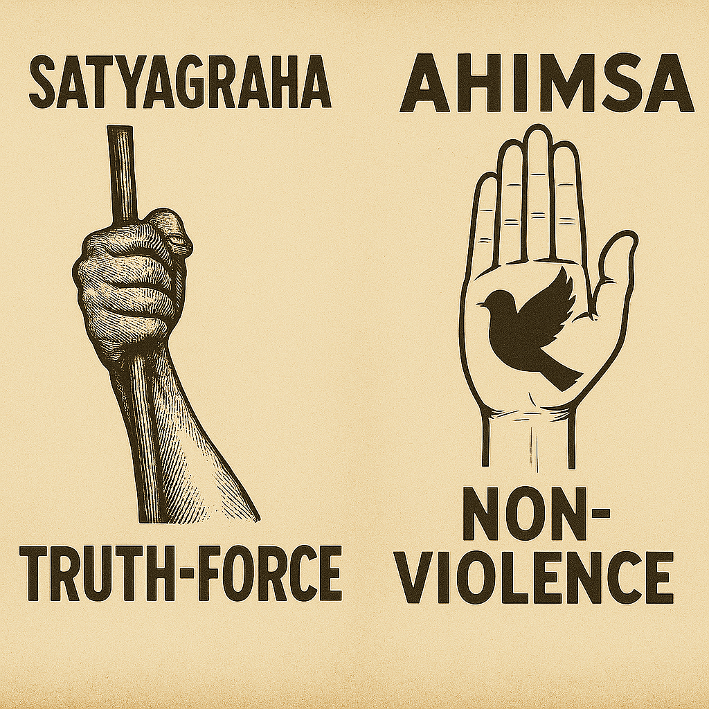 two side-by-side vintage-style posters on a warm, sepia-toned background. Each poster symbolizes a key principle of Gandhi’s philosophy