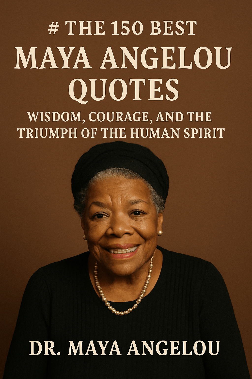portrait of Dr. Maya Angelou herself. She is smiling gently, dressed in a black top with a string of pearls and a matching head wrap. Her expression is warm, wise, and full of grace—perfectly embodying the spirit of the collection.