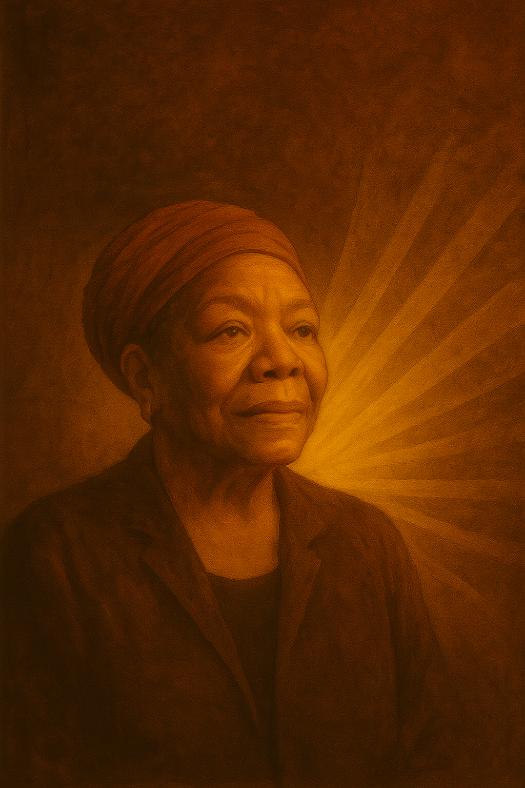 oil-painting-style depiction of Maya Angelou. She is shown from the shoulders up, facing slightly to her right with a serene and dignified expression. Her eyes look upward, suggesting reflection, wisdom, and quiet strength.