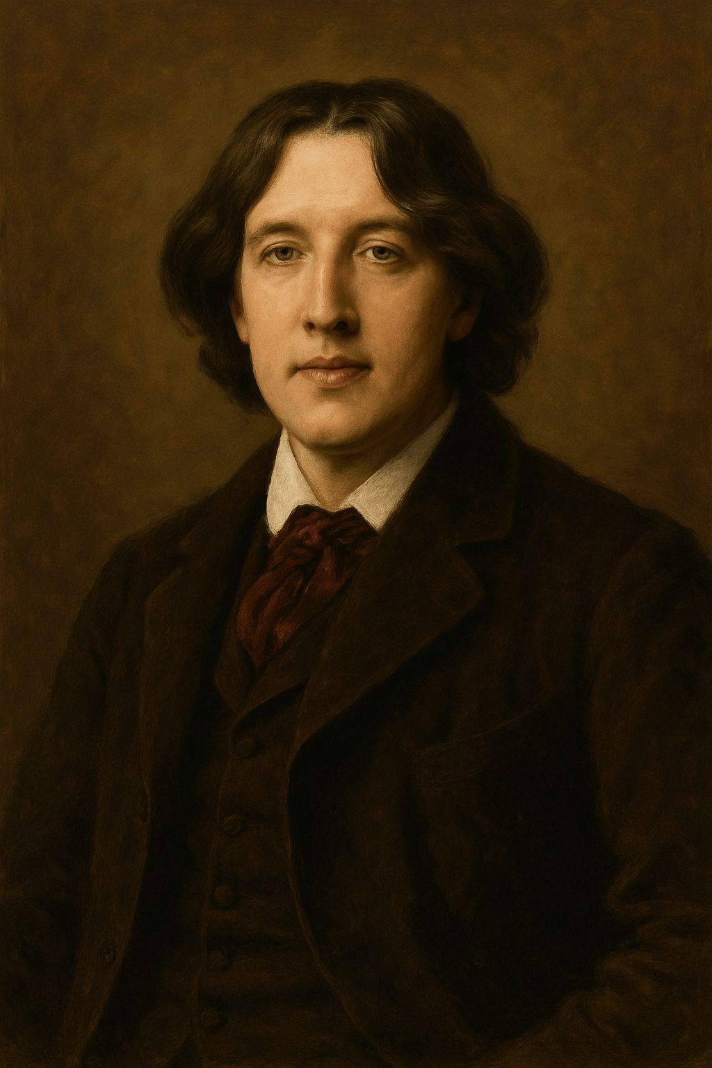 a classical oil painting-style portrait of Oscar Wilde. It presents Wilde from the chest up, facing slightly forward with a soft, composed expression. His dark, wavy hair is shoulder-length, and he wears a rich brown velvet suit with a white shirt and a deep red cravat. The background is a warm, softly textured brown, harmonizing with the tones of his clothing and skin. The brushwork is smooth and refined, giving the image a timeless, 19th-century elegance that reflects Wilde’s literary brilliance and artistic persona.