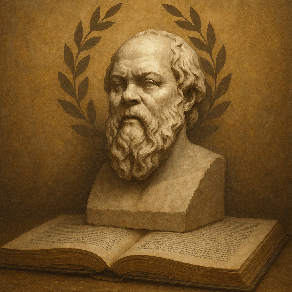 An oil painting of a bust of Socrates sitting on a book