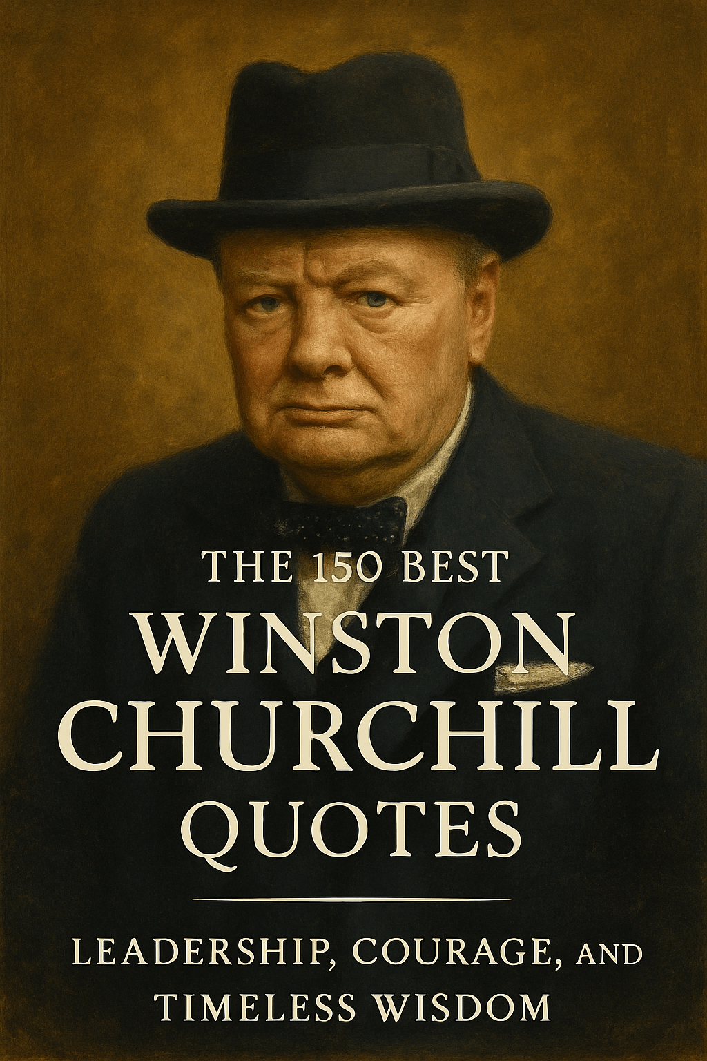 The image is a formal oil portrait of Winston Churchill, rendered in a classical, realistic style. He is shown from the chest up, facing forward with a stern and resolute expression. Churchill is wearing a dark navy suit, a polka-dot bow tie, and a black Homburg hat. His iconic jowled face and piercing blue eyes are depicted with fine detail, capturing his serious demeanor and historical gravitas.