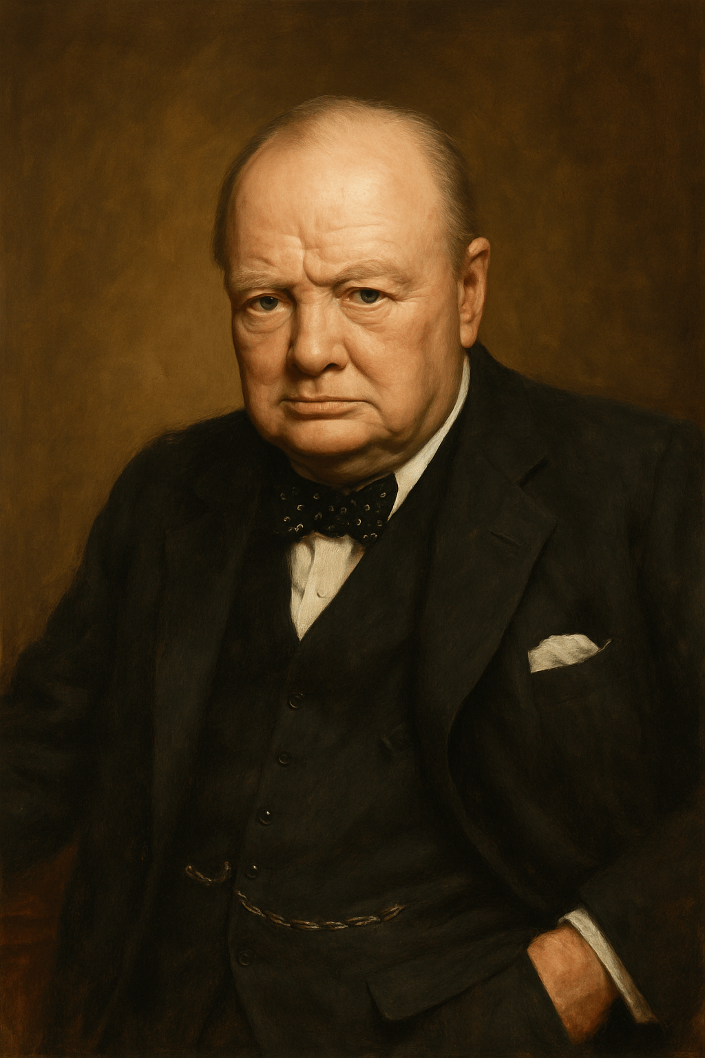 a classical-style oil portrait of Winston Churchill. It features him from the chest up, dressed in a dark three-piece suit with a white shirt, a black polka-dot bow tie, and a pocket square. His posture is slightly leaned to one side with one hand tucked into his pocket. The expression on his face is serious, focused, and resolute, capturing the weight of leadership and historical gravitas. The background is a warm, painterly brown, giving the portrait a timeless, dignified atmosphere. The lighting is soft and directional, highlighting the details of his face and clothing with subtle realism.