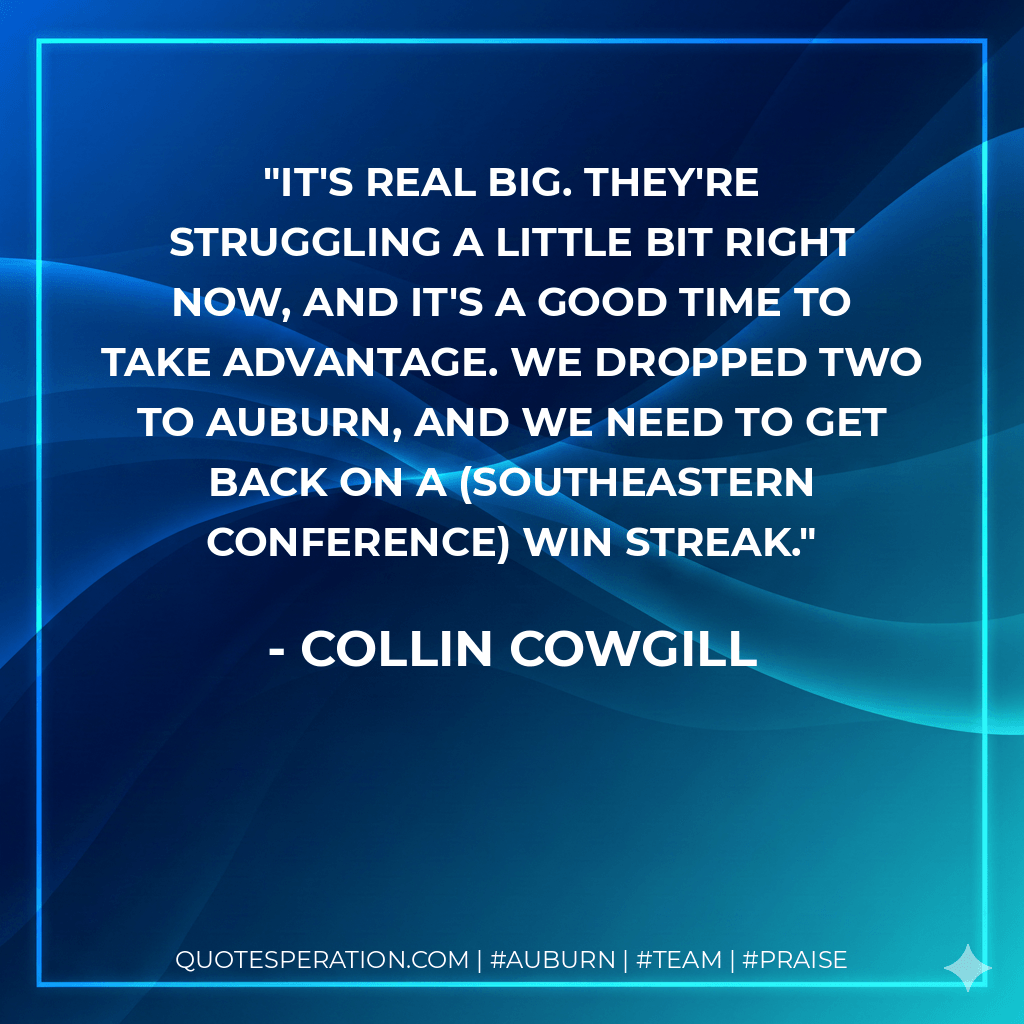 It's real big. They're struggling a little bit right now, and it's a good time to take advantage. We dropped two to Auburn, and we need to get back on a (Southeastern Conference) win streak. - Collin Cowgill