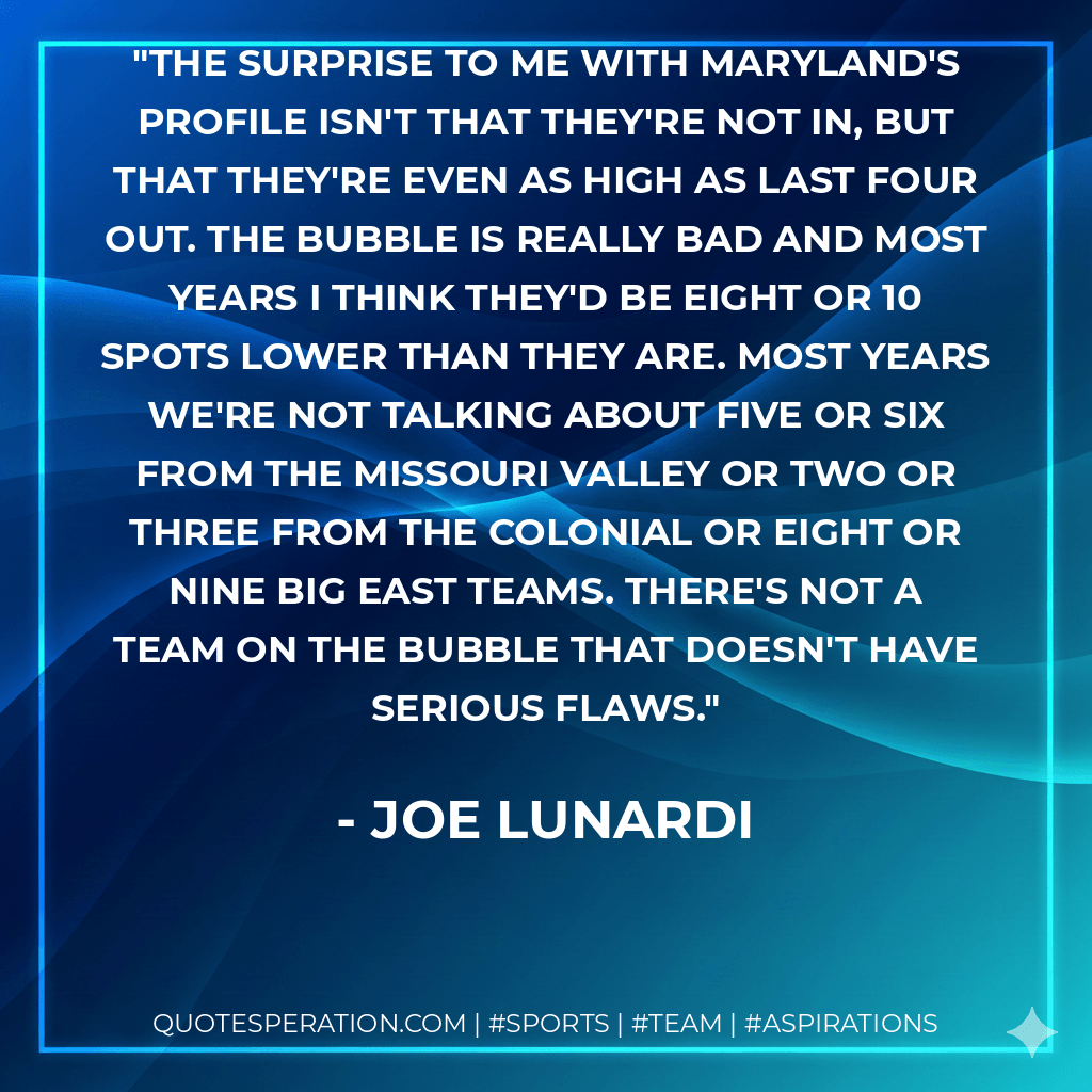 The surprise to me with Maryland's profile isn't that they're not in, but that they're even as high as last four out. The bubble is really bad and most years I think they'd be eight or 10 spots lower than they are. Most years we're not talking about five or six from the Missouri Valley or two or three from the Colonial or eight or nine Big East teams. There's not a team on the bubble that doesn't have serious flaws. - Joe Lunardi