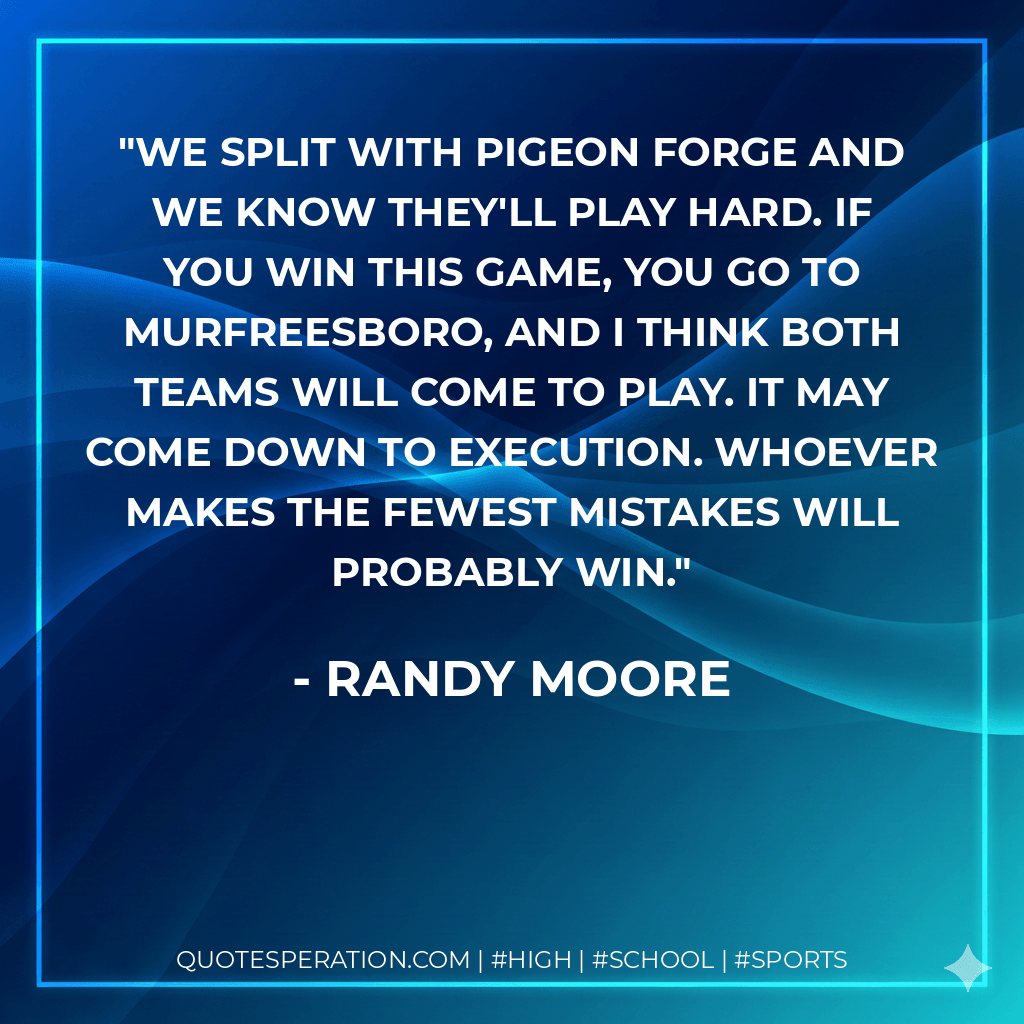 We split with Pigeon Forge and we know they'll play hard. If you win this game, you go to Murfreesboro, and I think both teams will come to play. It may come down to execution. Whoever makes the fewest mistakes will probably win. - Randy Moore