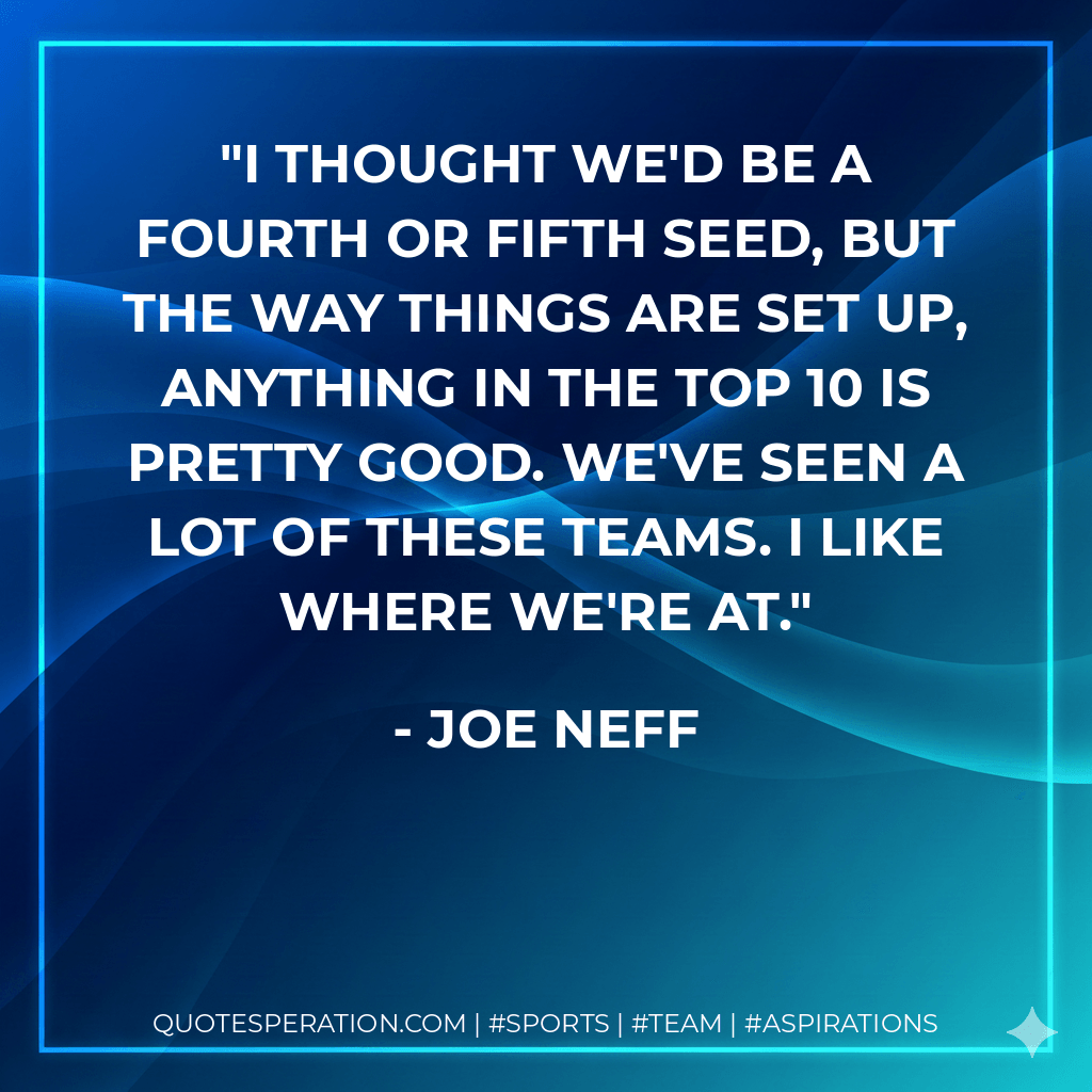 I thought we'd be a fourth or fifth seed, but the way things are set up, anything in the top 10 is pretty good. We've seen a lot of these teams. I like where we're at. - Joe Neff
