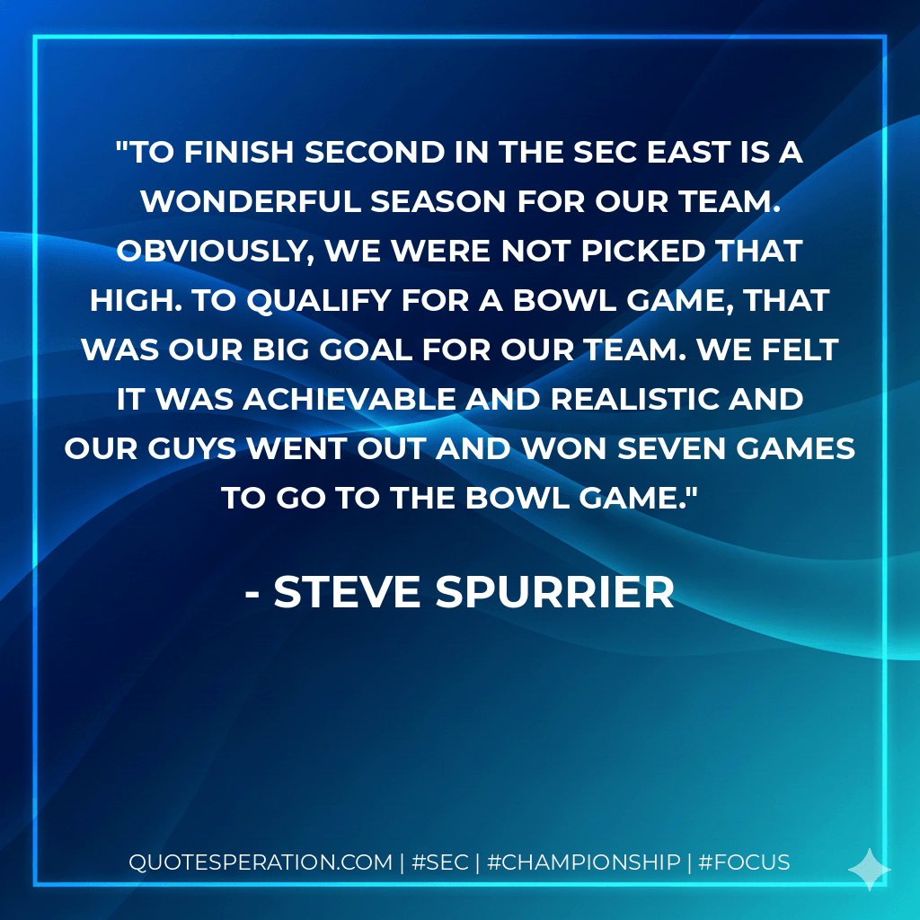 To finish second in the SEC East is a wonderful season for our team. Obviously, we were not picked that high. To qualify for a bowl game, that was our big goal for our team. We felt it was achievable and realistic and our guys went out and won seven games to go to the bowl game. - Steve Spurrier