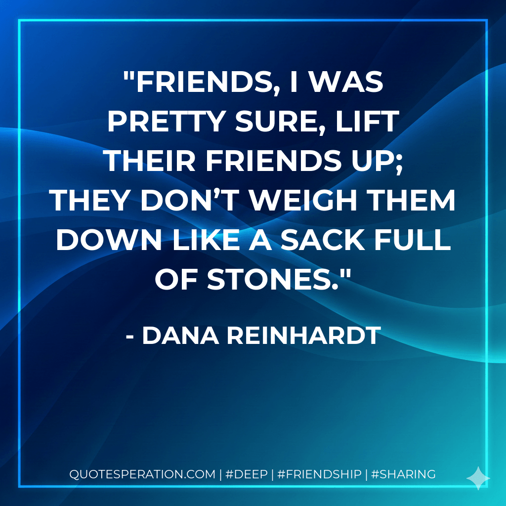 Friends, I was pretty sure, lift their friends up; they don’t weigh them down like a sack full of stones. - Dana Reinhardt