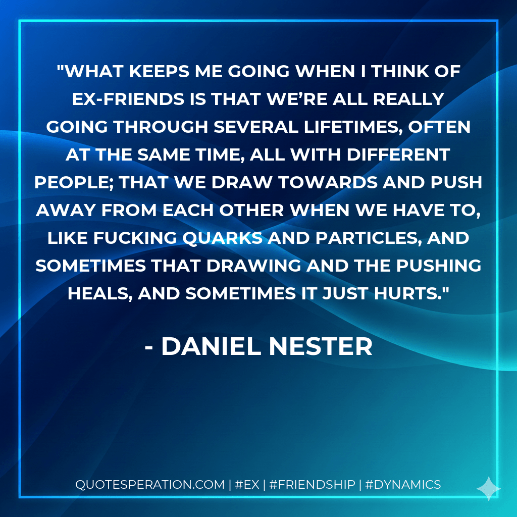 What keeps me going when I think of ex-friends is that we’re all really going through several lifetimes, often at the same time, all with different people; that we draw towards and push away from each other when we have to, like fucking quarks and particles, and sometimes that drawing and the pushing heals, and sometimes it just hurts. - Daniel Nester
