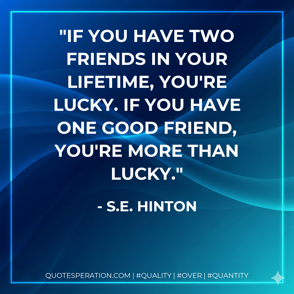 If you have two friends in your lifetime, you're lucky. If you have one good friend, you're more than lucky. - S.E. Hinton