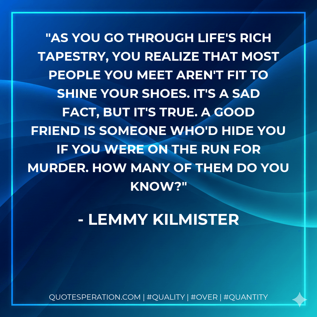 As you go through life's rich tapestry, you realize that most people you meet aren't fit to shine your shoes. It's a sad fact, but it's true. A good friend is someone who'd hide you if you were on the run for murder. How many of them do you know? - Lemmy Kilmister