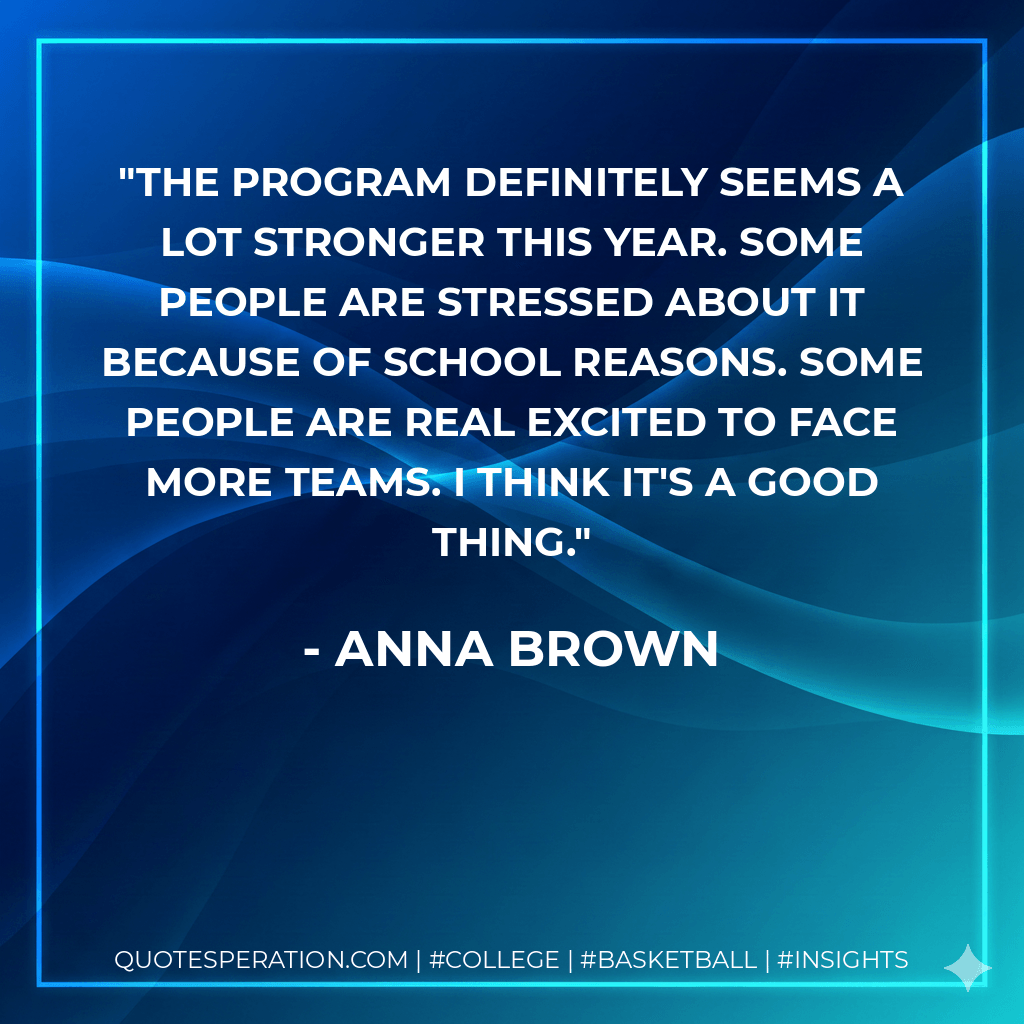 The program definitely seems a lot stronger this year. Some people are stressed about it because of school reasons. Some people are real excited to face more teams. I think it's a good thing. - Anna Brown