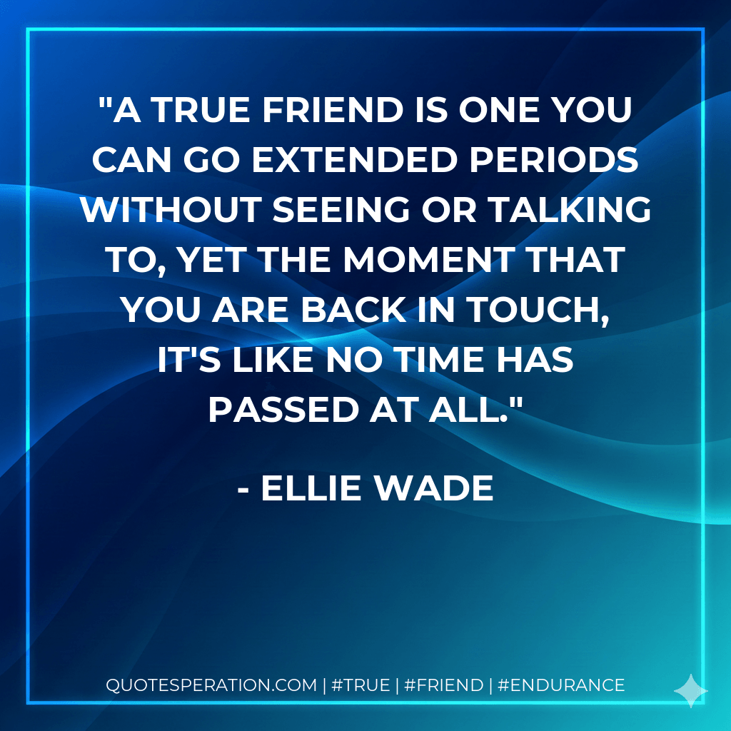 A true friend is one you can go extended periods without seeing or talking to, yet the moment that you are back in touch, it's like no time has passed at all. - Ellie Wade