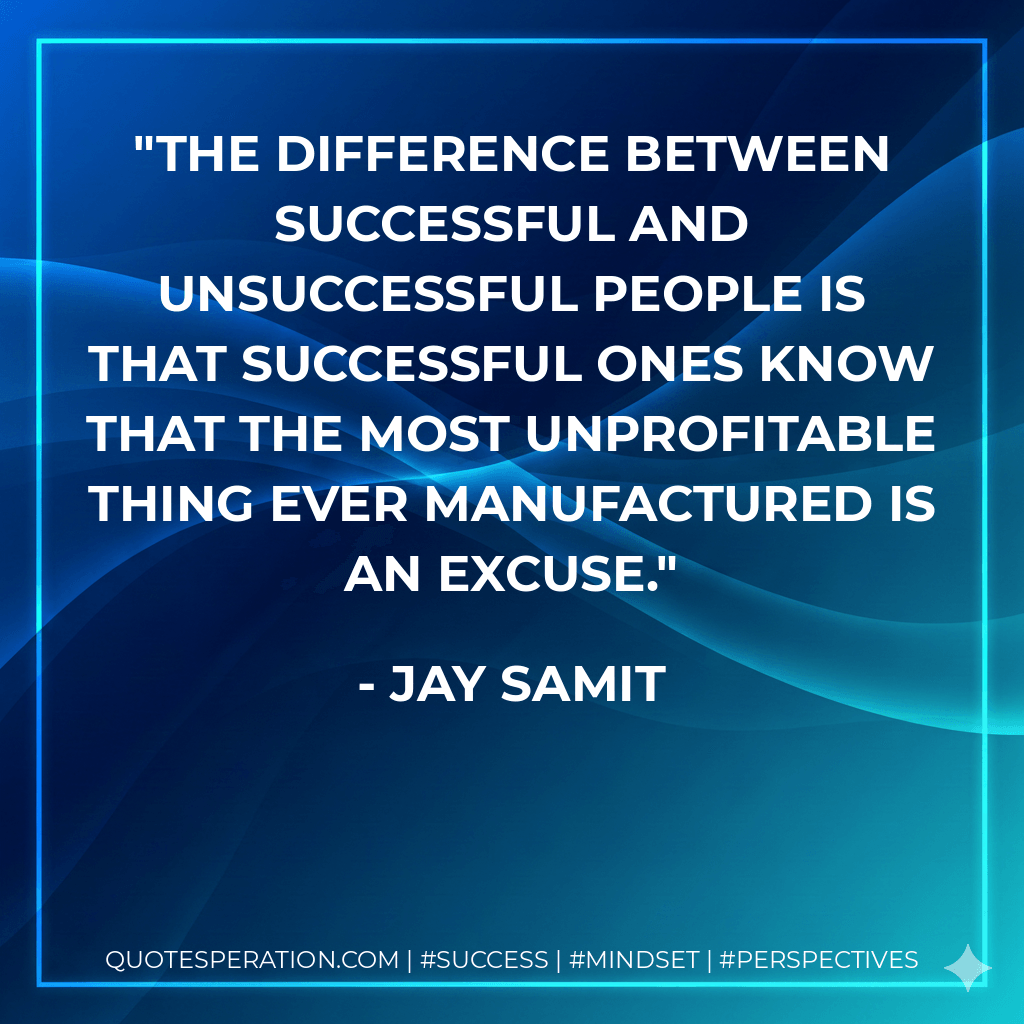 The difference between successful and unsuccessful people is that successful ones know that the most unprofitable thing ever manufactured is an excuse. - Jay Samit