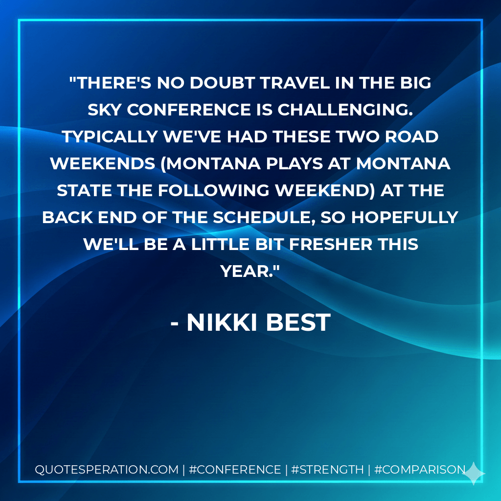 There's no doubt travel in the Big Sky Conference is challenging. Typically we've had these two road weekends (Montana plays at Montana State the following weekend) at the back end of the schedule, so hopefully we'll be a little bit fresher this year. - Nikki Best