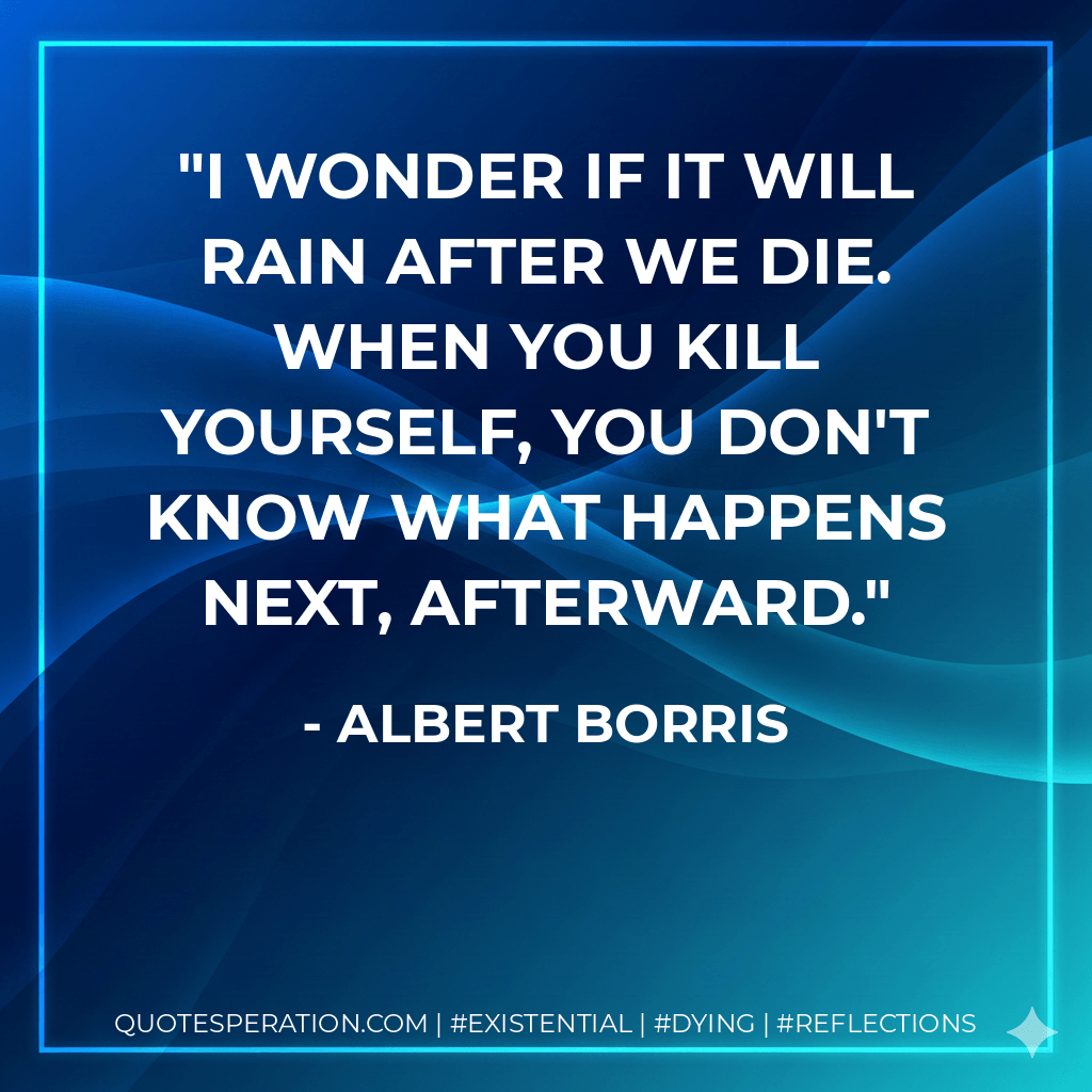 I wonder if it will rain after we die. When you kill yourself, you don't know what happens next, afterward. - Albert Borris