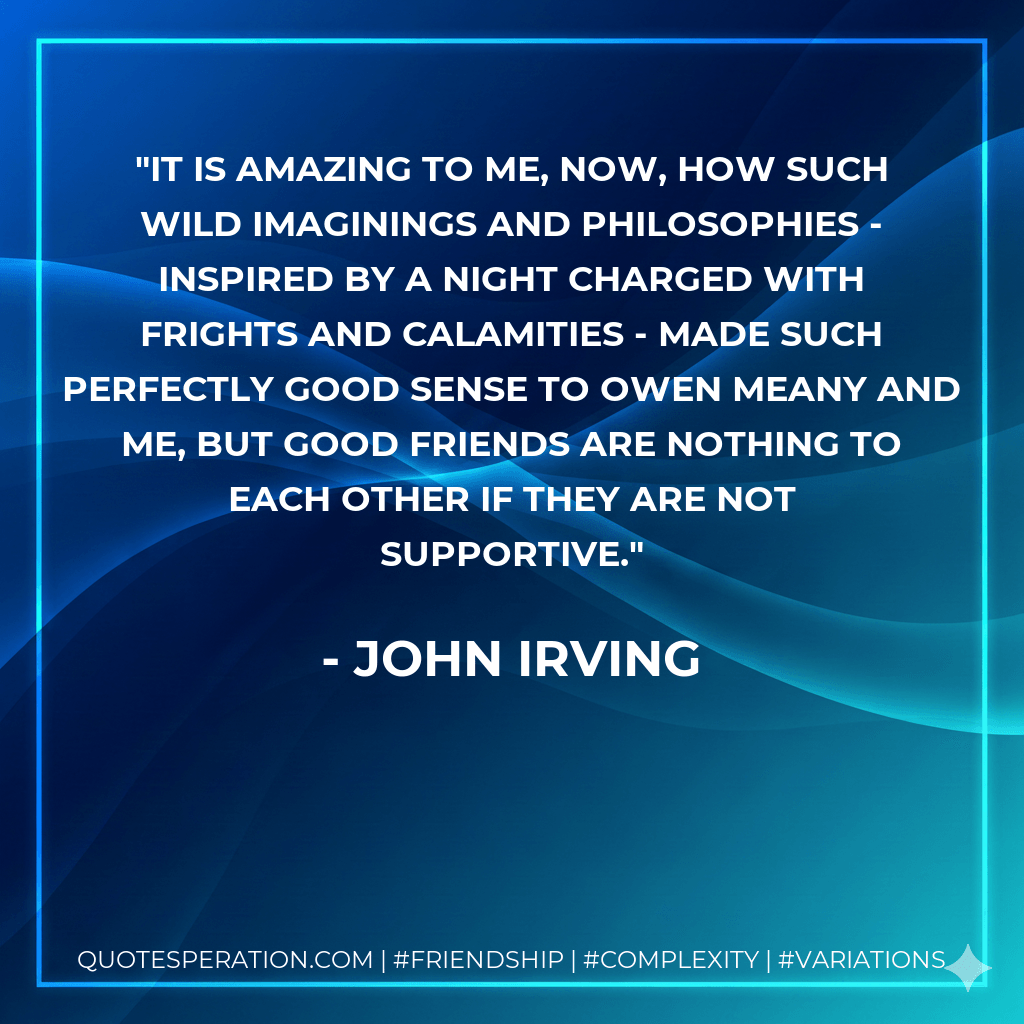 It is amazing to me, now, how such wild imaginings and philosophies - inspired by a night charged with frights and calamities - made such perfectly good sense to Owen Meany and me, but good friends are nothing to each other if they are not supportive. - John Irving