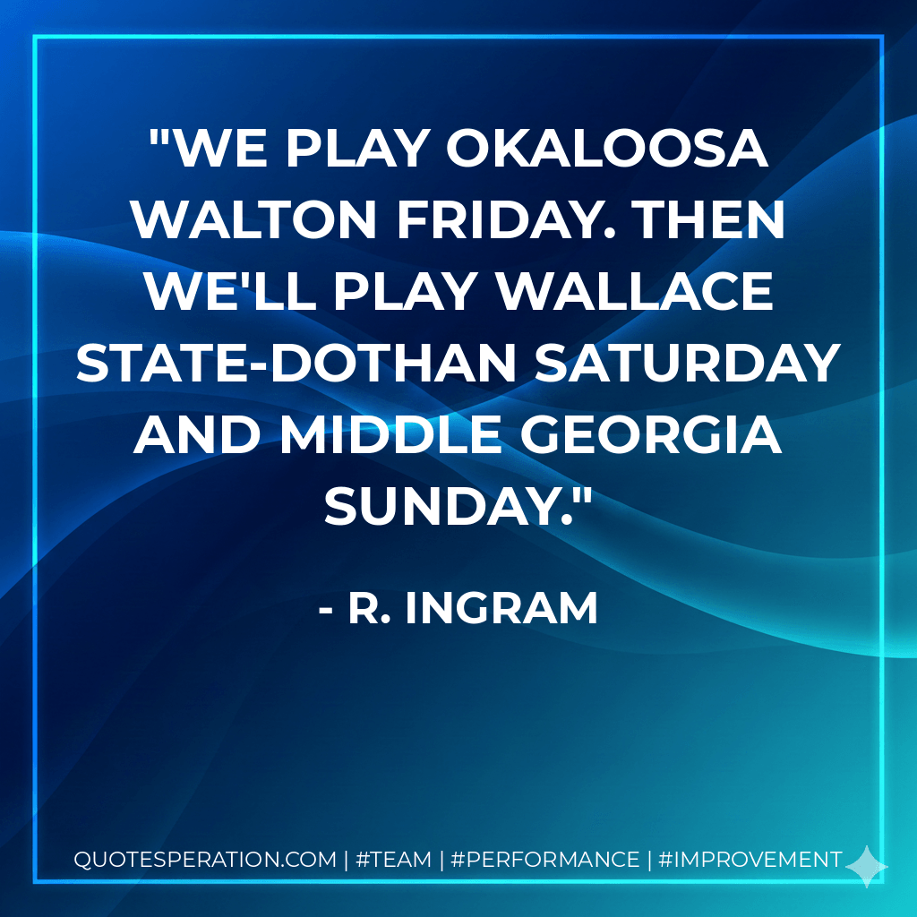 We play Okaloosa Walton Friday. Then we'll play Wallace State-Dothan Saturday and Middle Georgia Sunday. - R. Ingram