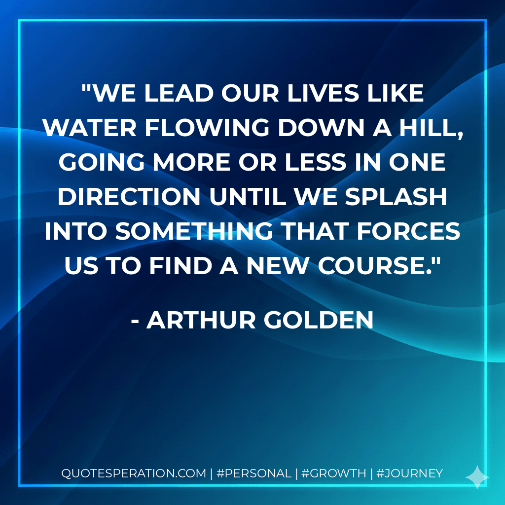 We lead our lives like water flowing down a hill, going more or less in one direction until we splash into something that forces us to find a new course. - Arthur Golden