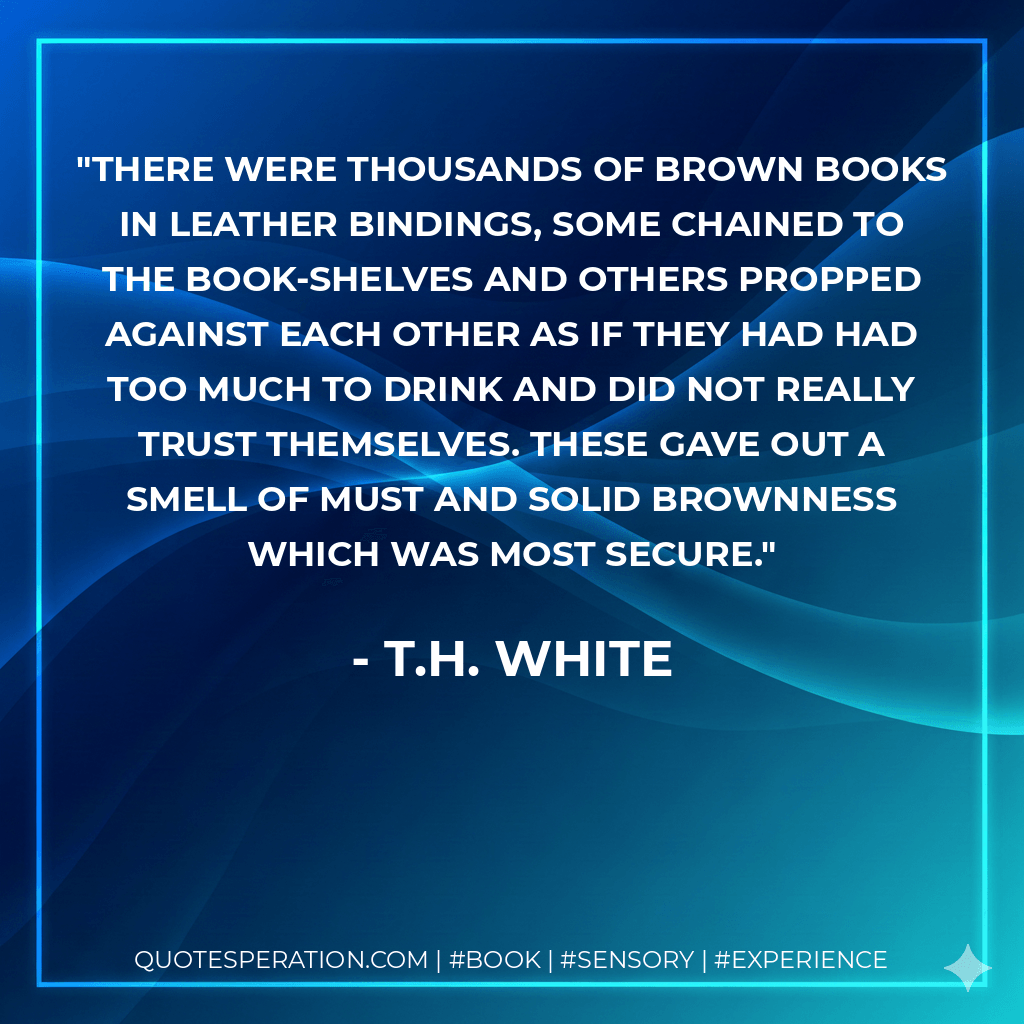 There were thousands of brown books in leather bindings, some chained to the book-shelves and others propped against each other as if they had had too much to drink and did not really trust themselves. These gave out a smell of must and solid brownness which was most secure. - T.H. White