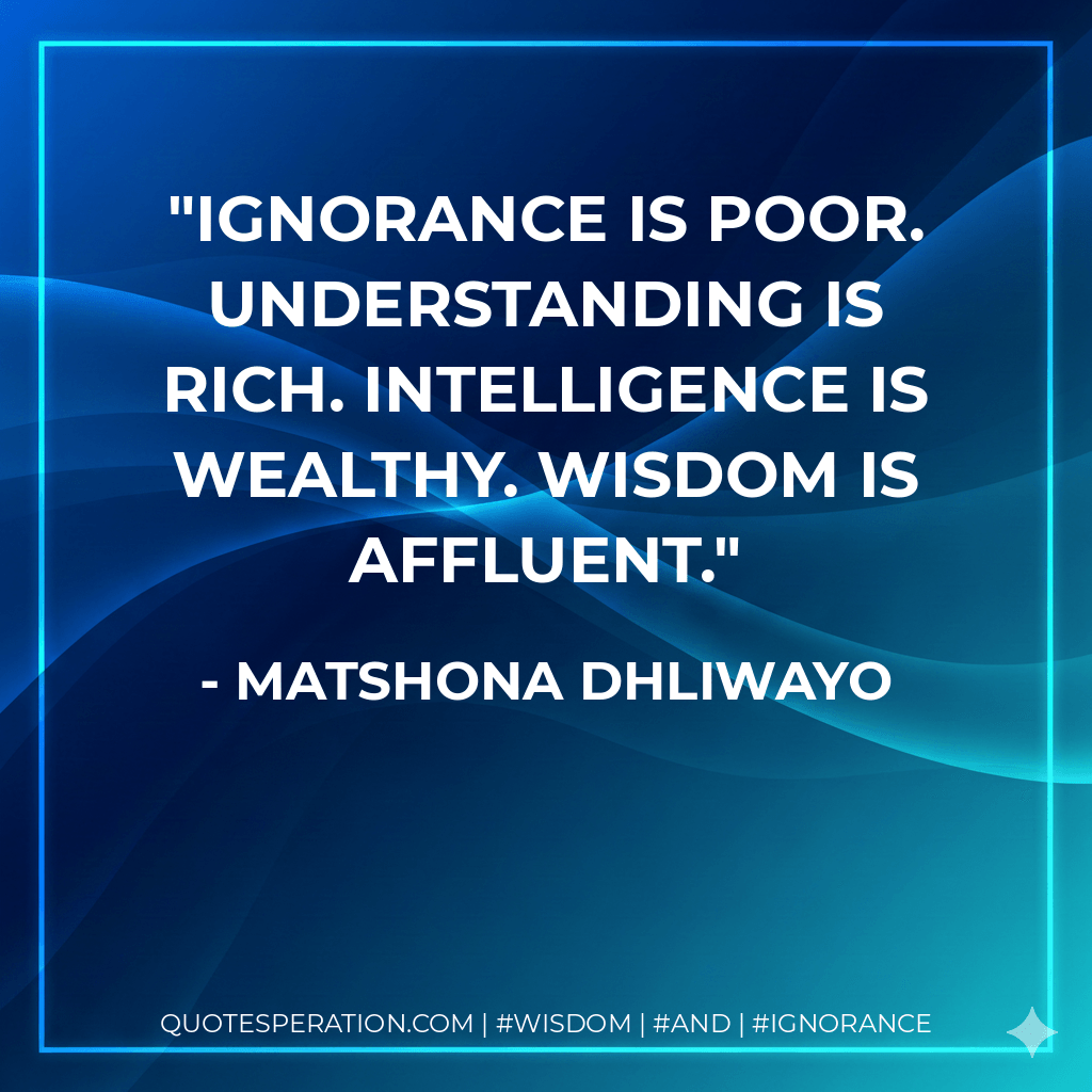 Ignorance is poor. Understanding is rich. Intelligence is wealthy. Wisdom is affluent. - Matshona Dhliwayo