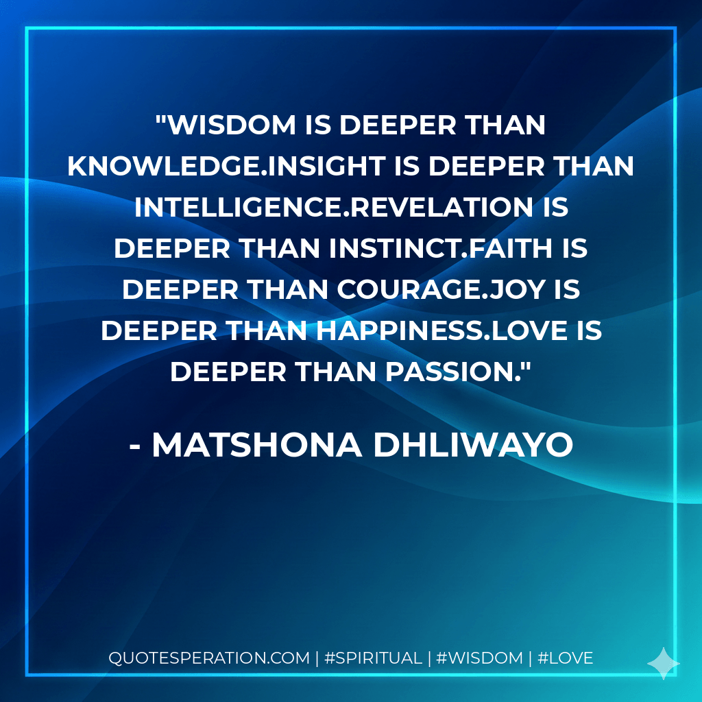 Wisdom is deeper than knowledge.Insight is deeper than intelligence.Revelation is deeper than instinct.Faith is deeper than courage.Joy is deeper than happiness.Love is deeper than passion. - Matshona Dhliwayo