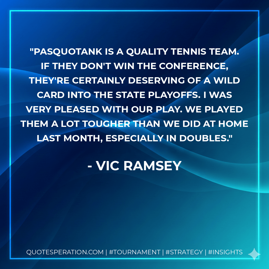 Pasquotank is a quality tennis team. If they don't win the conference, they're certainly deserving of a wild card into the state playoffs. I was very pleased with our play. We played them a lot tougher than we did at home last month, especially in doubles. - Vic Ramsey