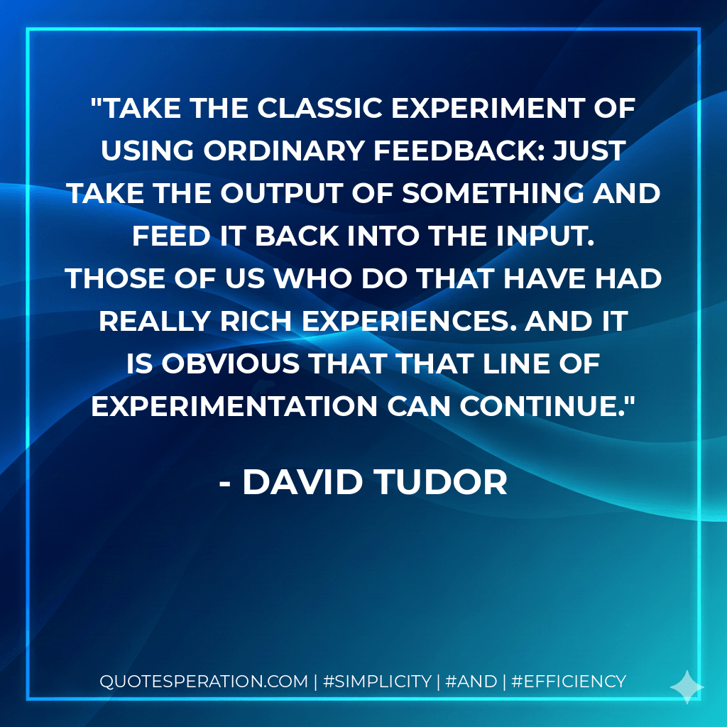 Take the classic experiment of using ordinary feedback: just take the output of something and feed it back into the input. Those of us who do that have had really rich experiences. And it is obvious that that line of experimentation can continue. - David Tudor