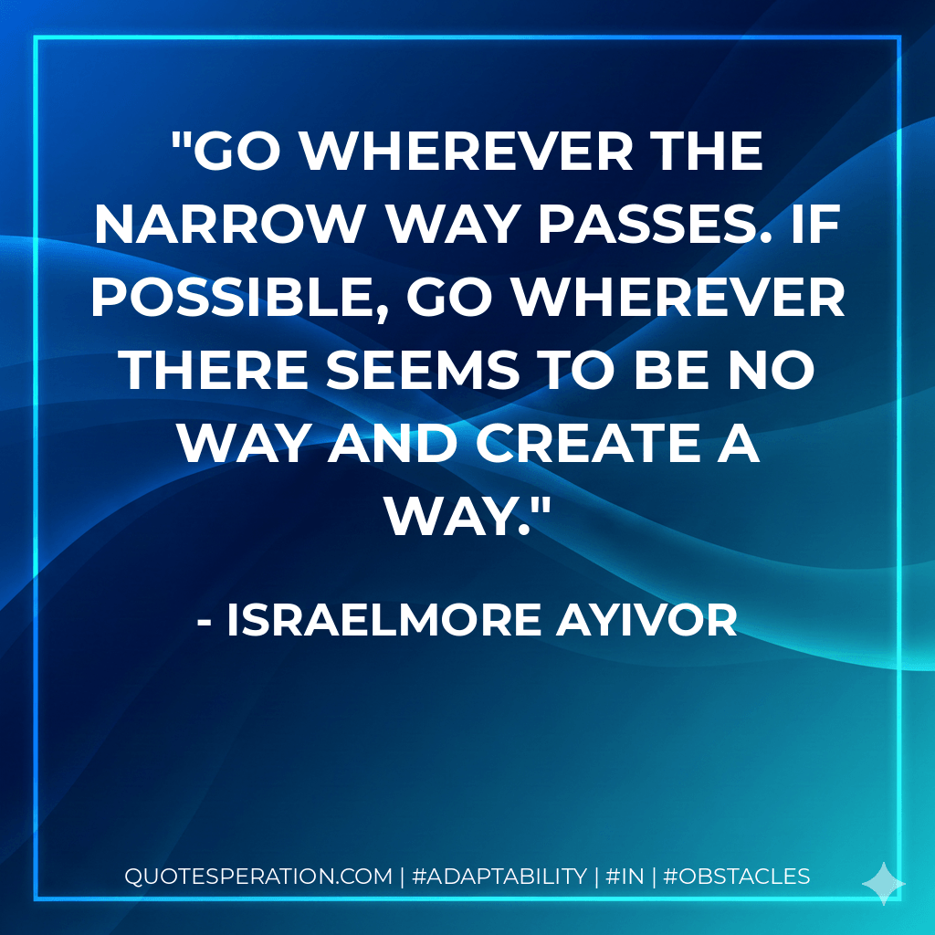 Go wherever the narrow way passes. If possible, go wherever there seems to be no way and create a way. - Israelmore Ayivor
