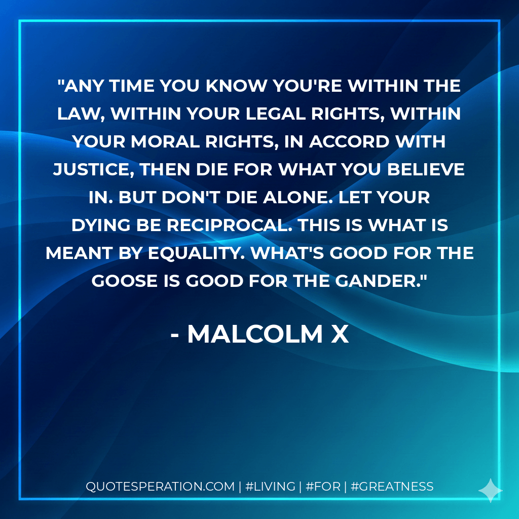 Any time you know you're within the law, within your legal rights, within your moral rights, in accord with justice, then die for what you believe in. But don't die alone. Let your dying be reciprocal. This is what is meant by equality. What's good for the goose is good for the gander. - Malcolm X