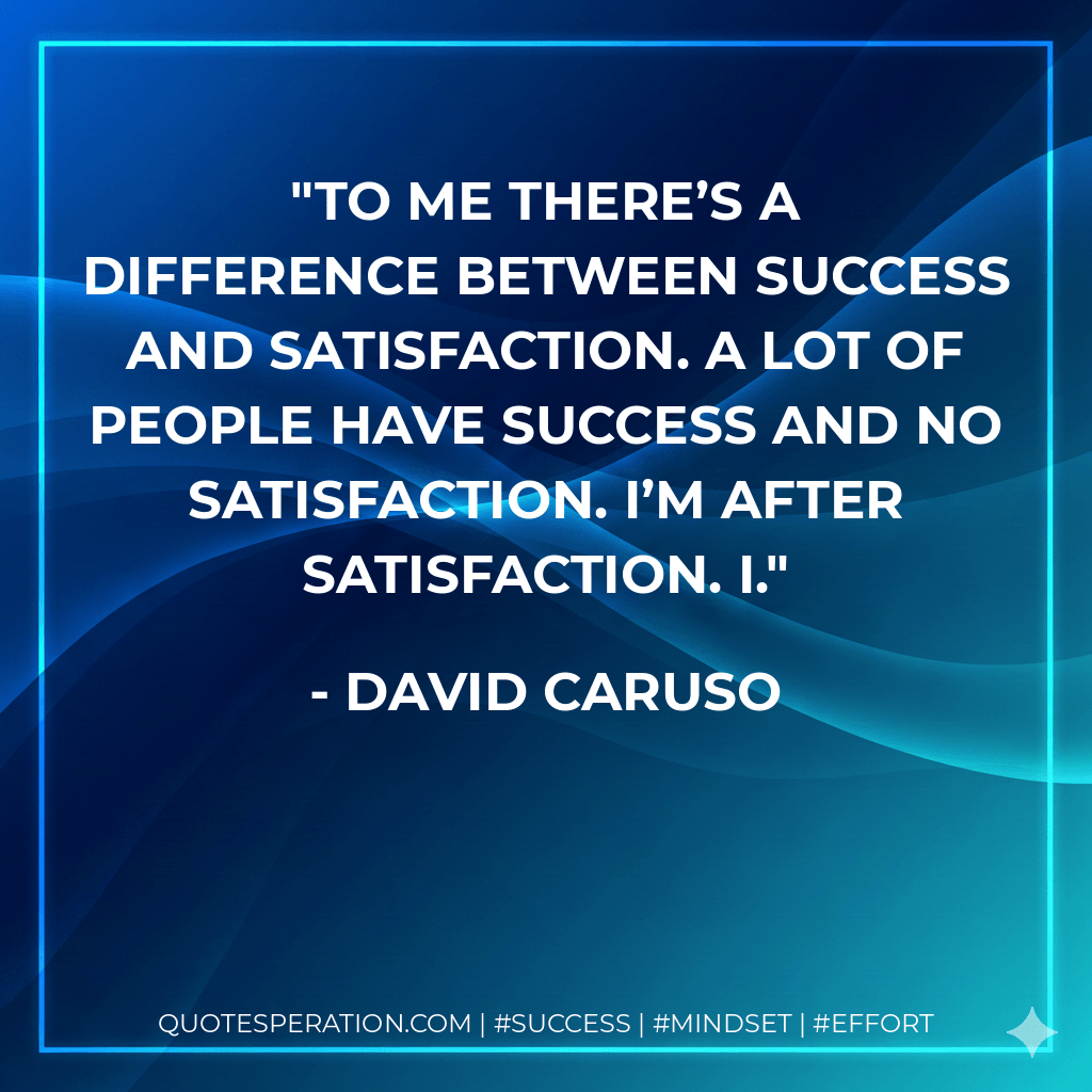To me there’s a difference between success and satisfaction. A lot of people have success and no satisfaction. I’m after satisfaction. I. - David Caruso