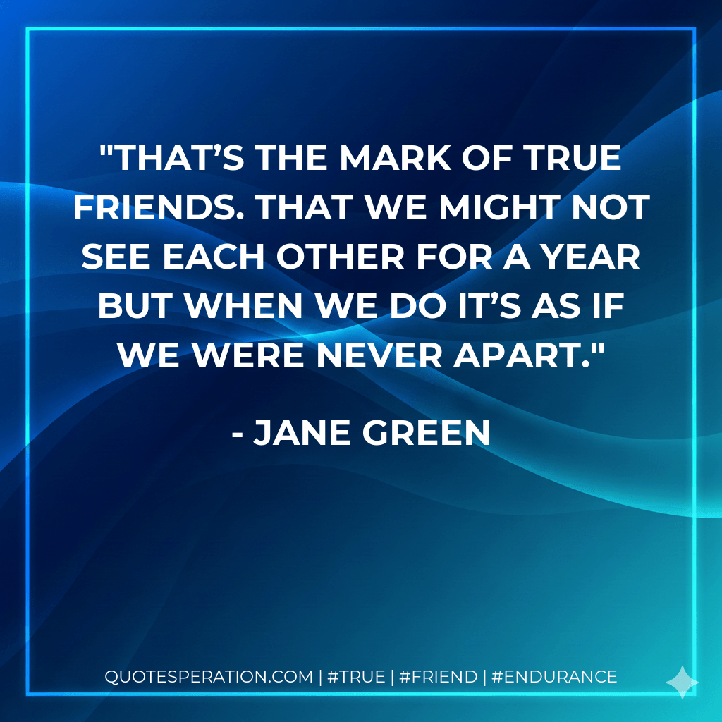 That’s the mark of true friends. That we might not see each other for a year but when we do it’s as if we were never apart. - Jane Green