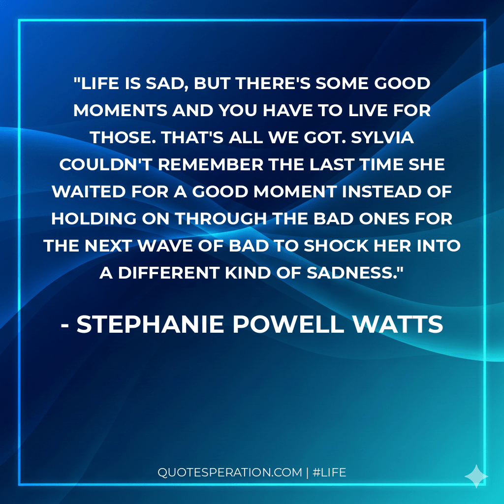 Life is sad, but there's some good moments and you have to live for those. That's all we got. Sylvia couldn't remember the last time she waited for a good moment instead of holding on through the bad ones for the next wave of bad to shock her into a different kind of sadness.