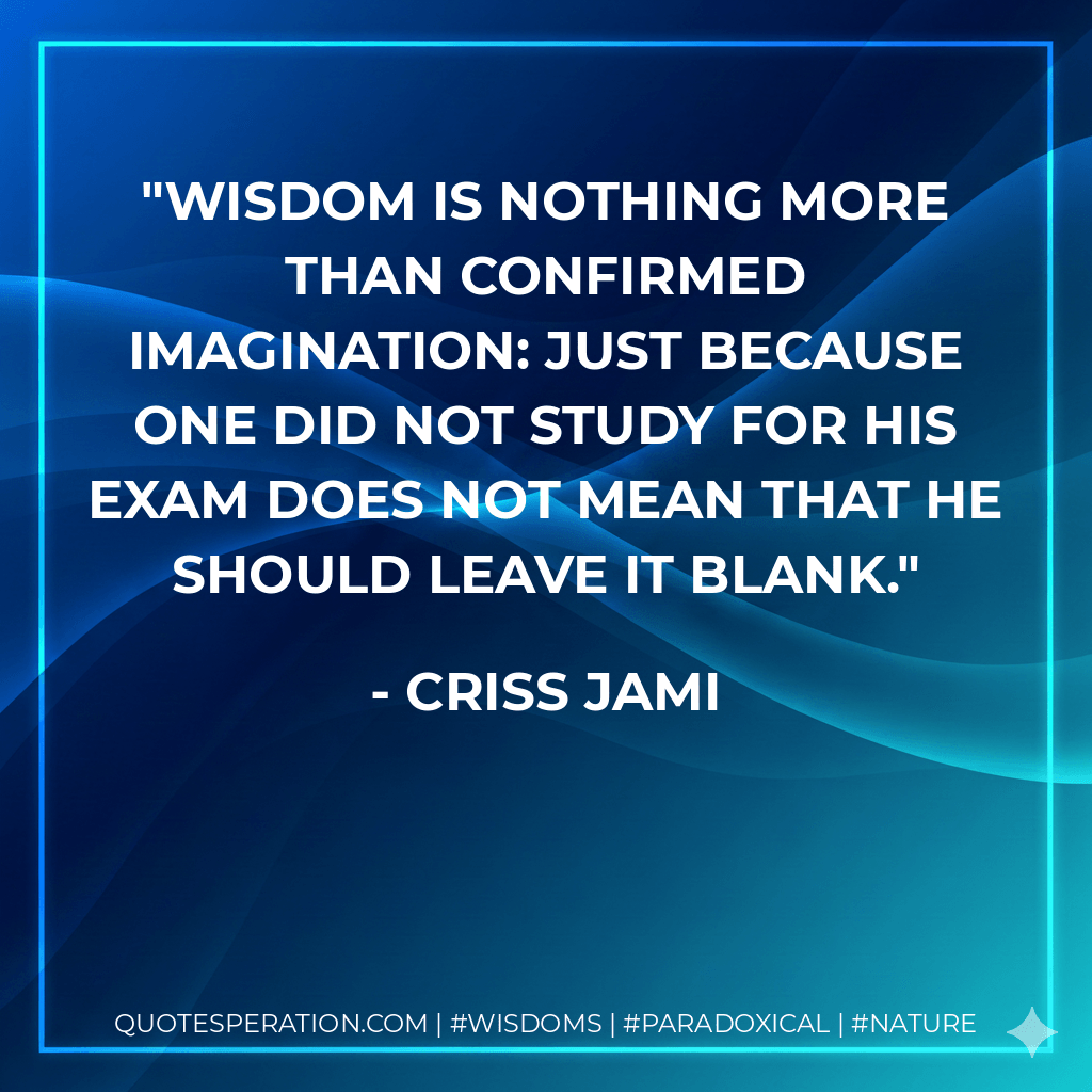 Wisdom is nothing more than confirmed imagination: just because one did not study for his exam does not mean that he should leave it blank. - Criss Jami