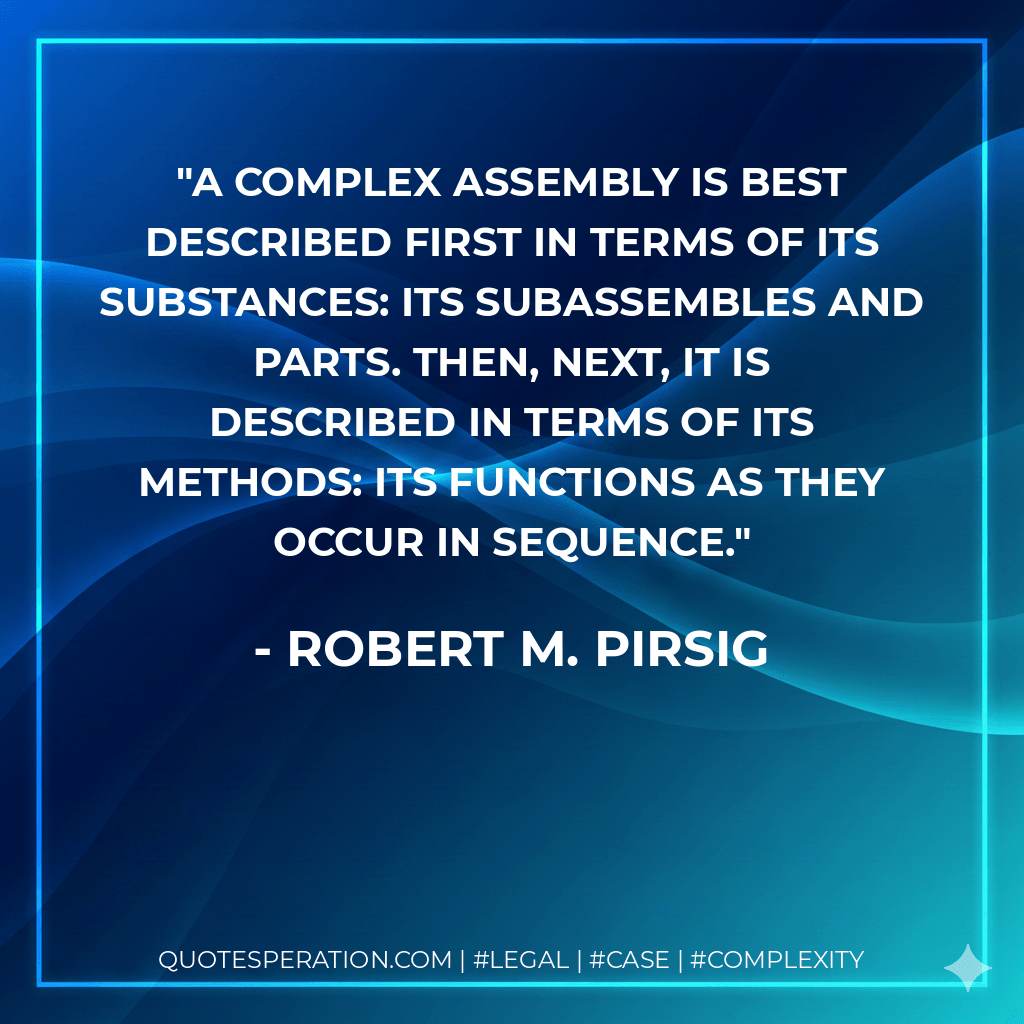 A complex assembly is best described first in terms of its substances: its subassembles and parts. Then, next, it is described in terms of its methods: its functions as they occur in sequence. - Robert M. Pirsig