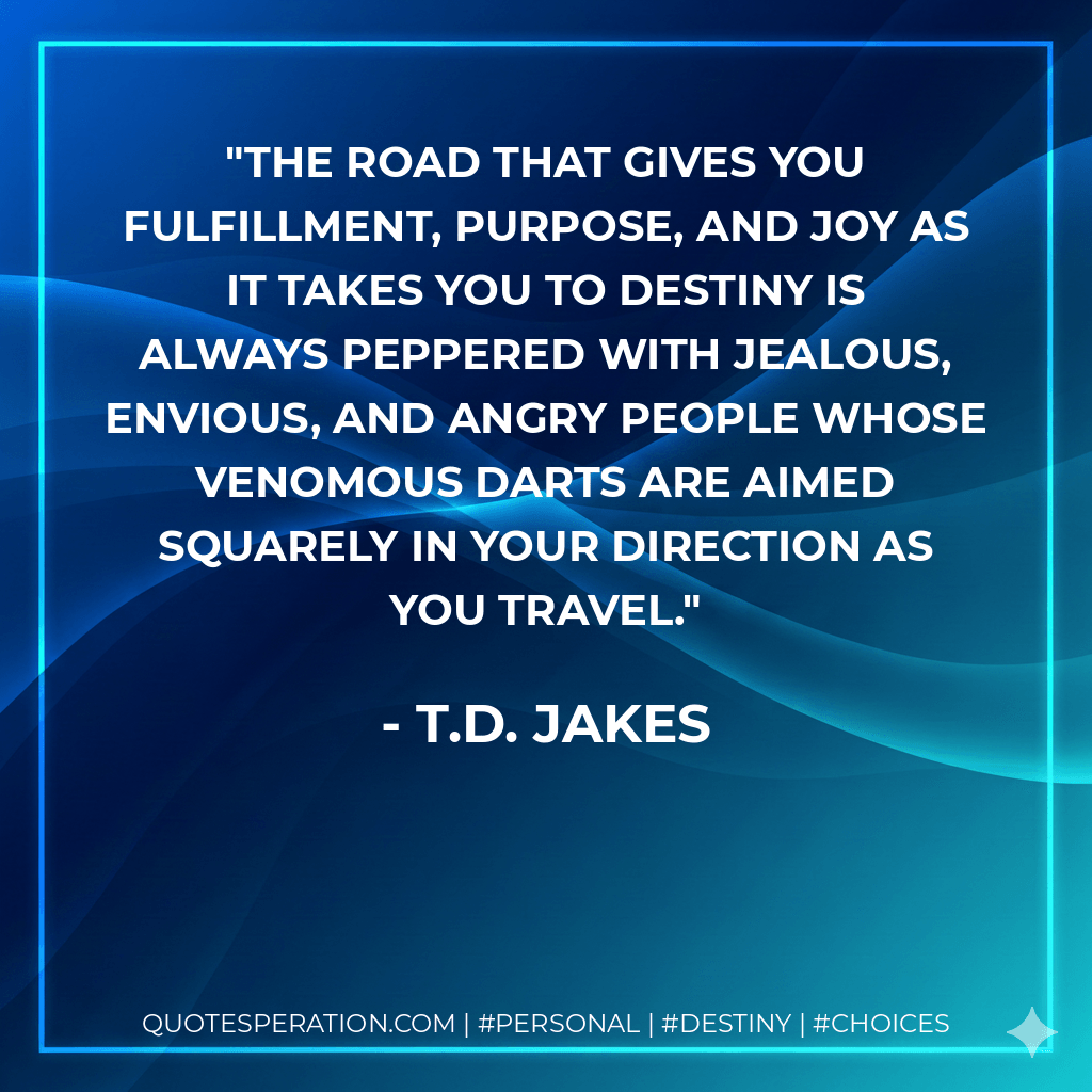The road that gives you fulfillment, purpose, and joy as it takes you to Destiny is always peppered with jealous, envious, and angry people whose venomous darts are aimed squarely in your direction as you travel. - T.D. Jakes
