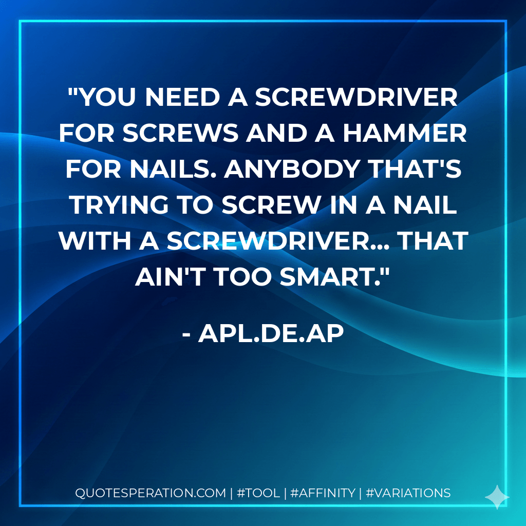 You need a screwdriver for screws and a hammer for nails. Anybody that's trying to screw in a nail with a screwdriver... that ain't too smart. - apl.de.ap